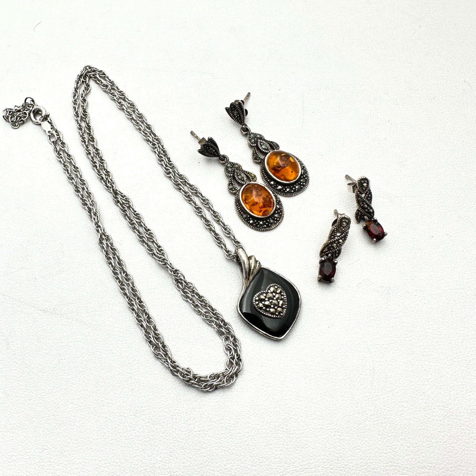 Group Sterling Silver Amber Marcasite Jewelry Earrings Pendant Necklace: Group Sterling Silver Amber Marcasite Jewelry Earrings Pendant Necklace
