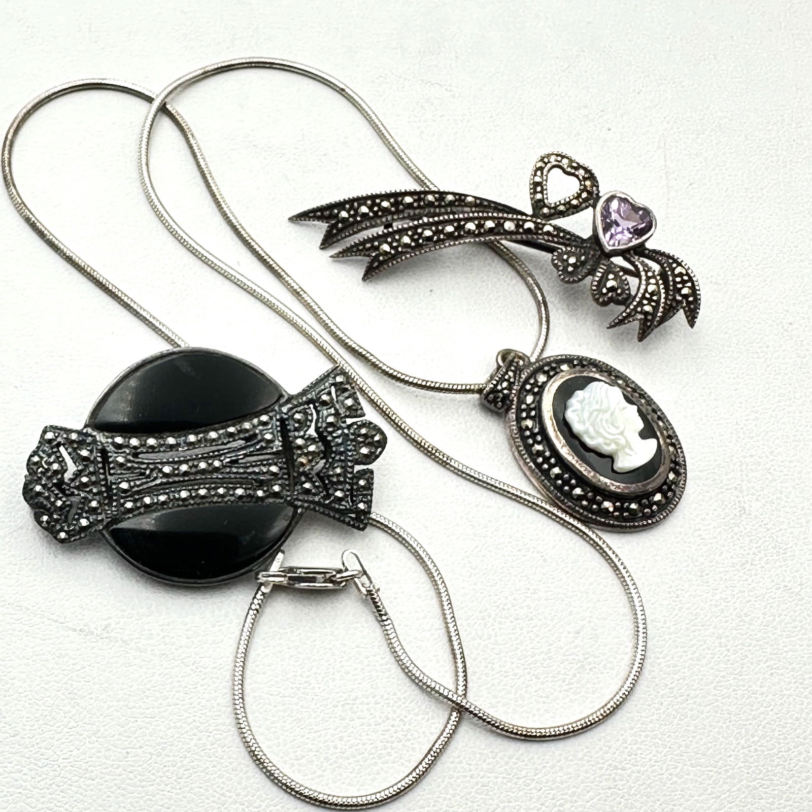 Group Marcasite Sterling Silver Jewelry Necklace Pendant Brooch: Group Marcasite Sterling Silver Jewelry Necklace Pendant Brooch