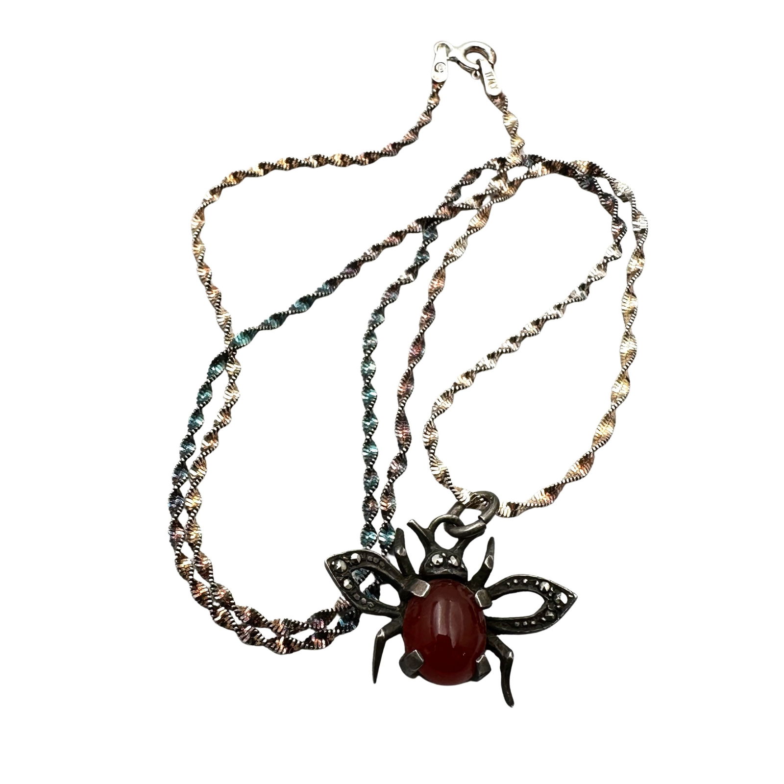 Sterling Silver Carnelian Marcasite Bee Pendant Necklace 17 Inch Chain: Sterling Silver Carnelian Marcasite Bee Pendant Necklace 17 Inch Chain