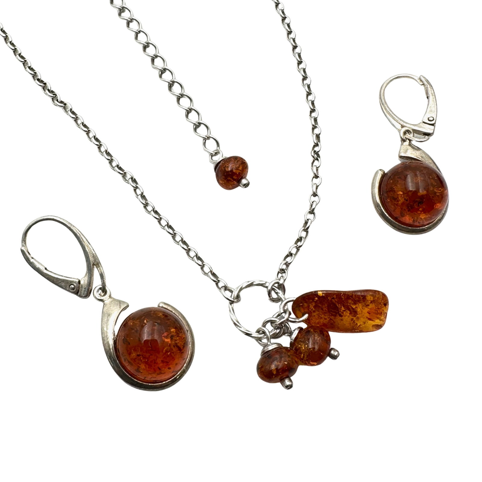 Natural Amber Sterling Silver Pendant Necklace 17 Inch 1.5 Inch Pierced Earrings: Natural Amber Sterling Silver Pendant Necklace 17 Inch 1.5 Inch Pierced Earrings