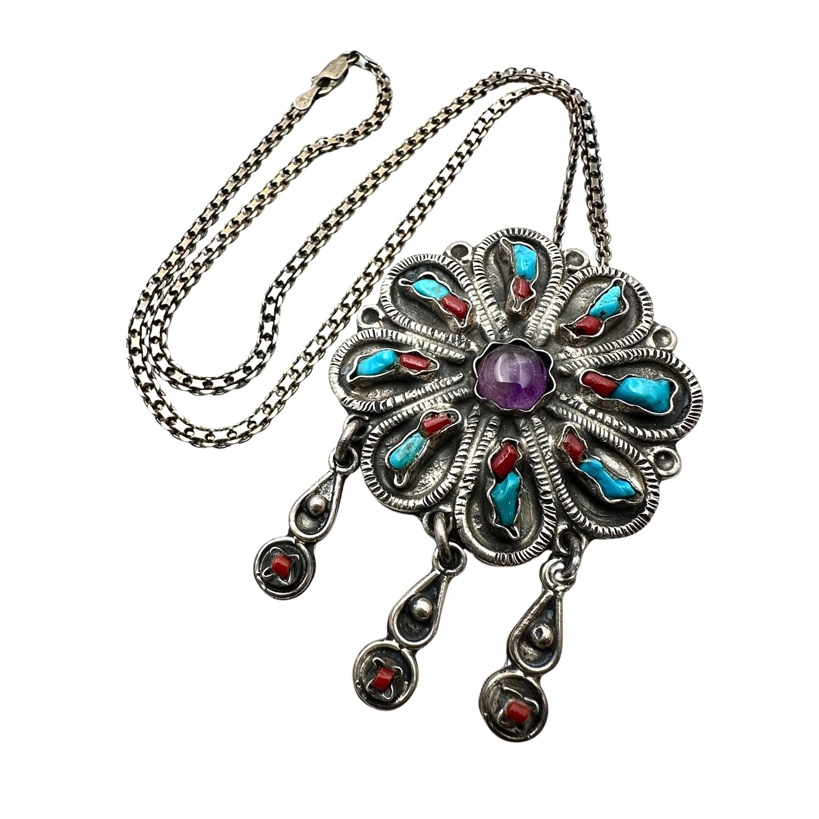 Vintage Taxco Mexico Amethyst Turquoise Coral Pendant Necklace18 Inch Chain 33 Grams: Vintage Taxco Mexico Amethyst Turquoise Coral Pendant Necklace18 Inch Chain 33 Grams