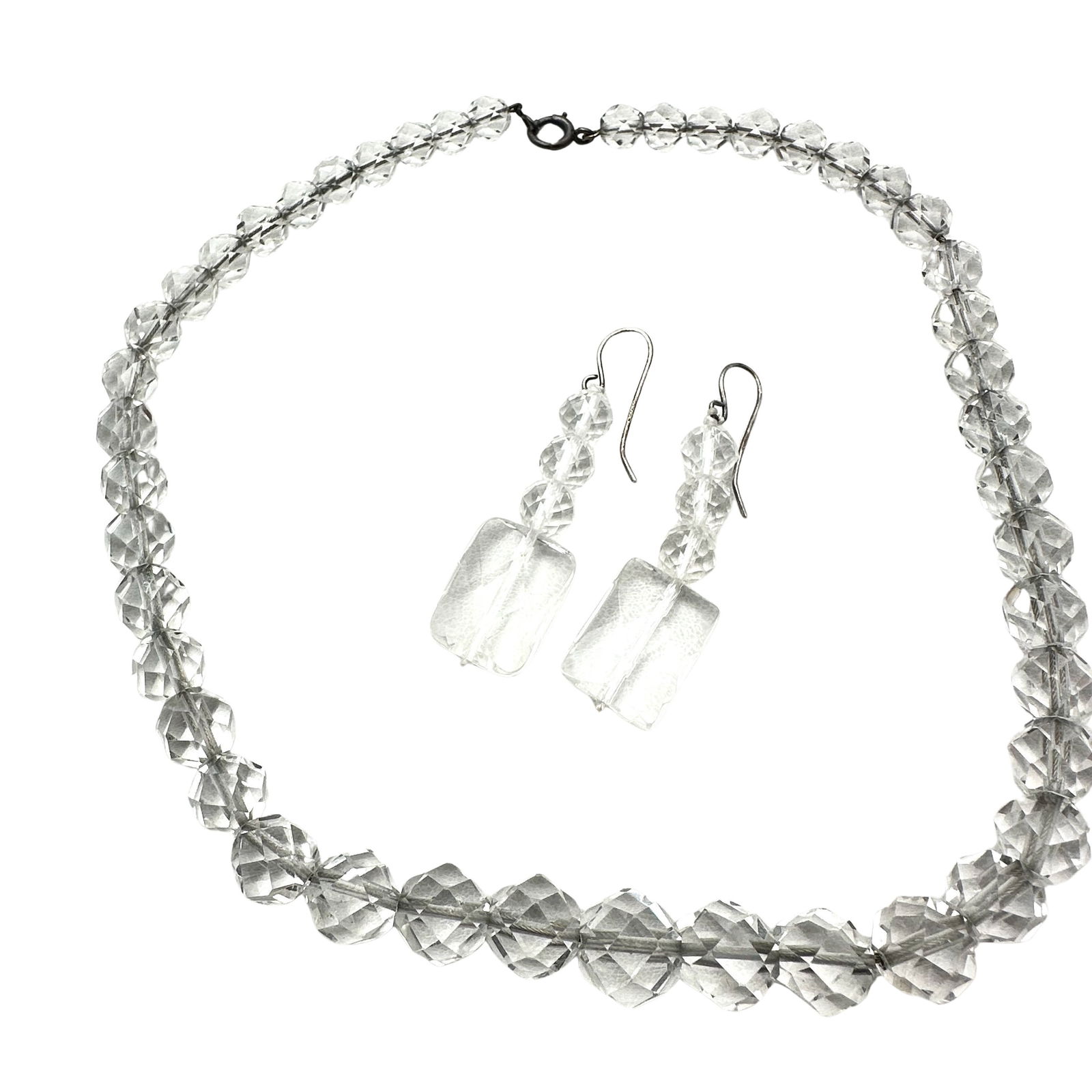Antique Clear Crystal Bead Necklace Sterling Silver Pierced Earrings: Antique Clear Crystal Bead Necklace Sterling Silver Pierced Earrings