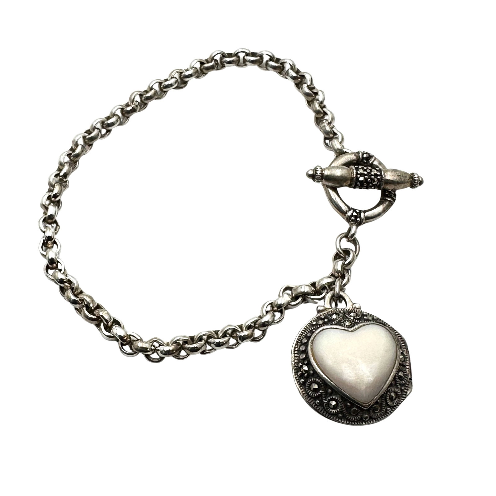 Marcasite Pearl Sterling Silver Bracelet Locket Charm 7.5 Inch Weight 19 Grams (1 of 2)