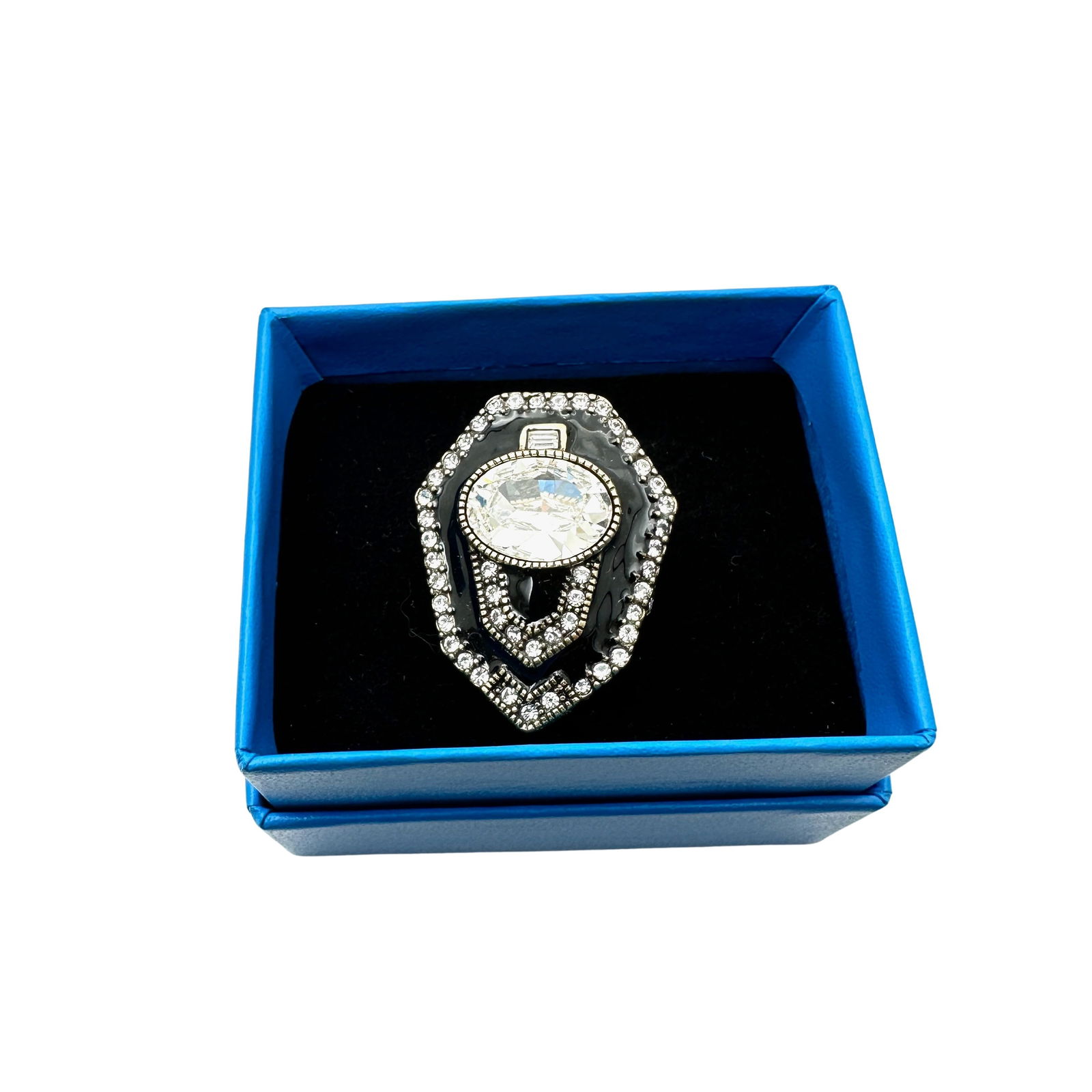 Heidi Daus Black Enamel Clear Crystal Antiqued Gold Tone Ring Size 7 Original Box (1 of 2)