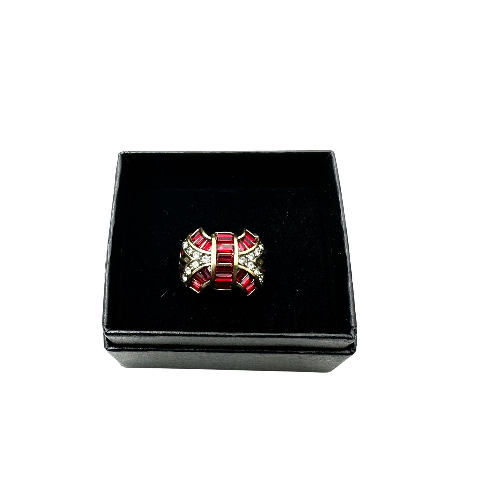 Heidi Daus Art Deco Style Red Clear Crystal Antiqued Gold Tone Ring Size 7 Original Box (1 of 2)