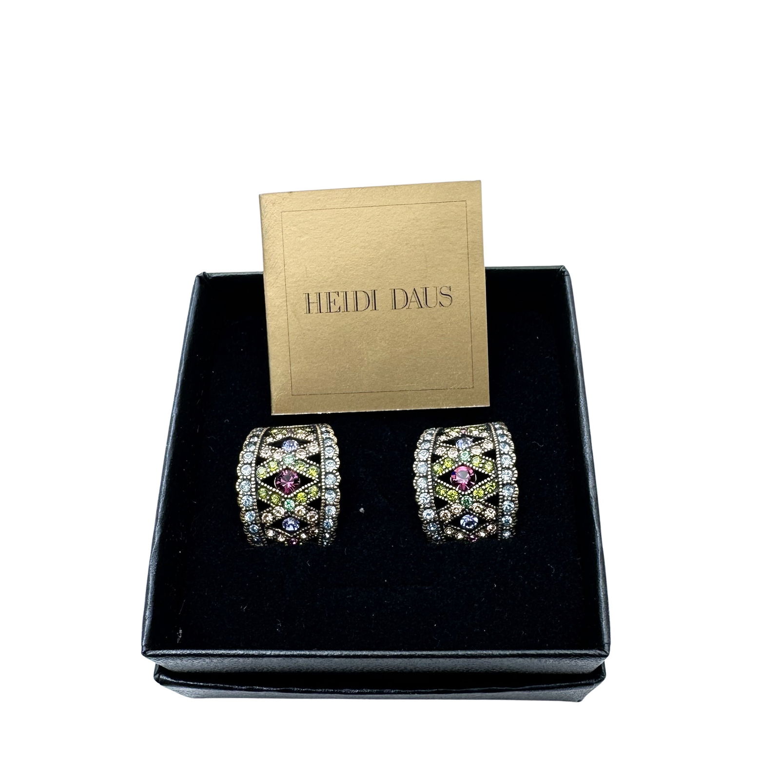 Heidi Daus Multicolor Crystal Antiqued Gold Tone Clip Earrings Original Box (1 of 2)