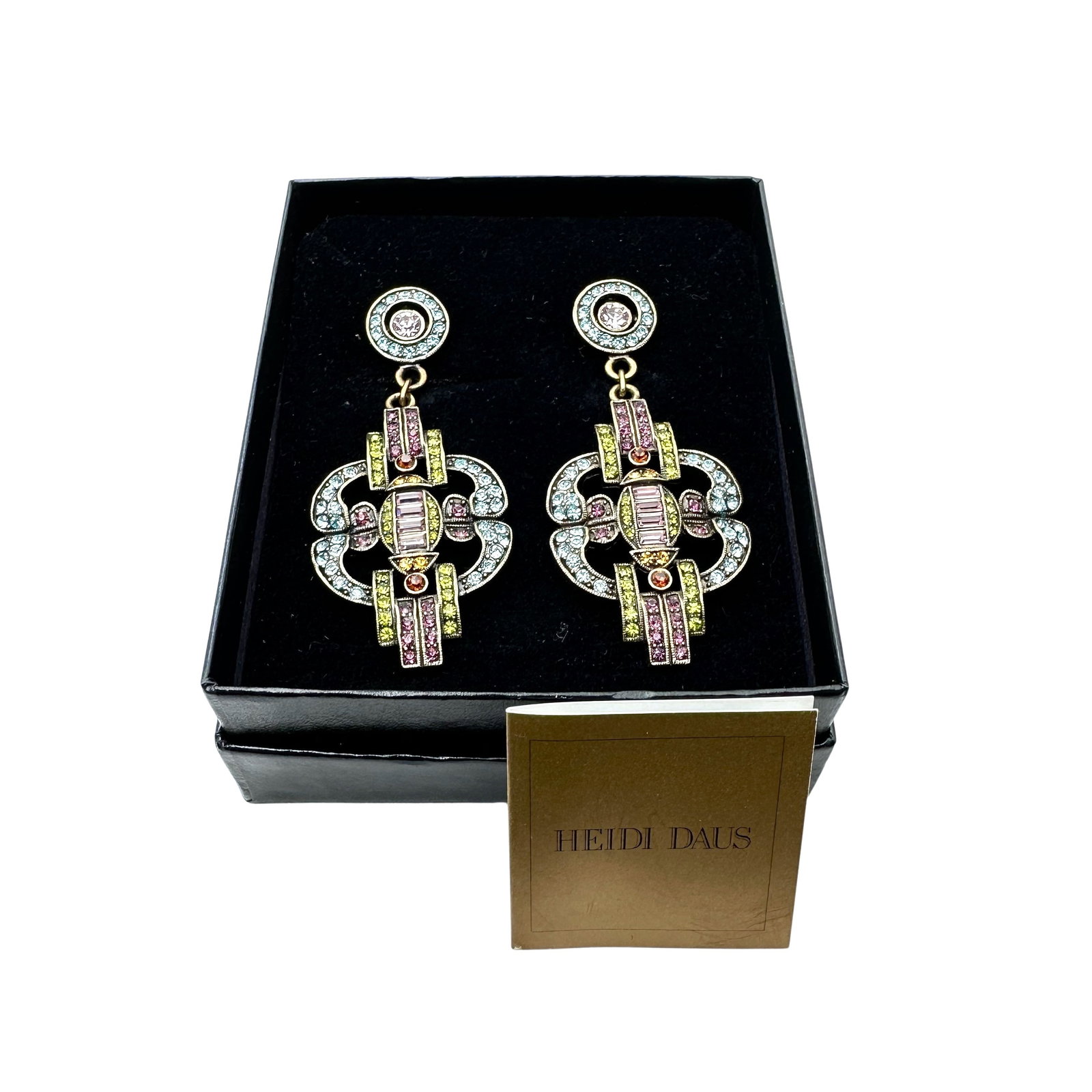 Heidi Daus Multicolor pink Pastel Crystal Antiqued Gold Tone 3 Inch Pierced Earrings: Heidi Daus Multicolor pink Pastel Crystal Antiqued Gold Tone 3 Inch Pierced Earrings