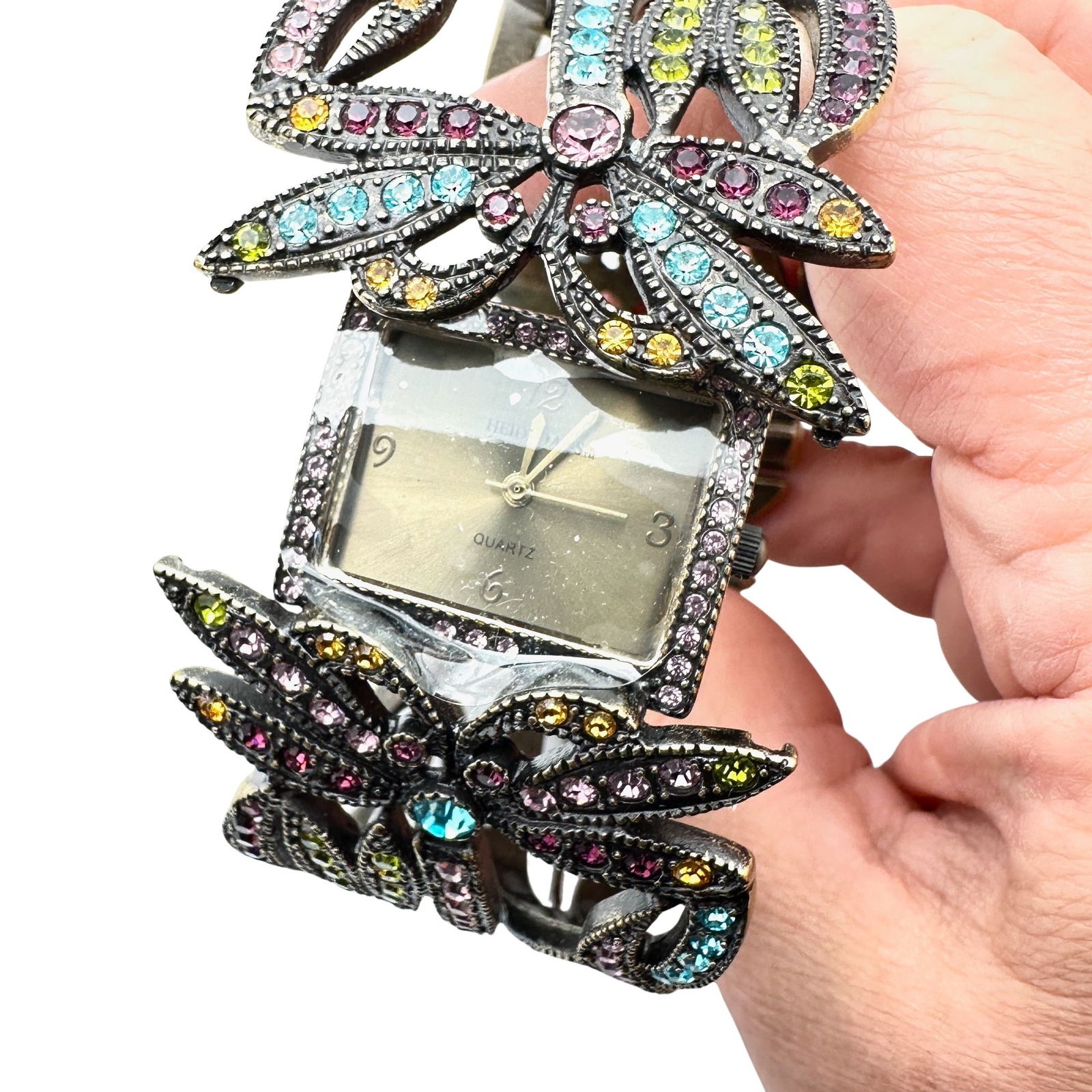 Heidi Daus Dragonfly Bangle Bracelet Watch Multicolor Crystal Antiqued Gold Tone Metal May Need (1 of 3)