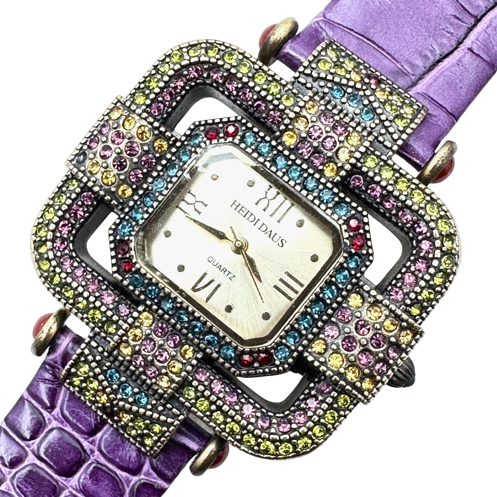 Heidi Daus Purple Leather Multicolor Crystal Watch 8 Inch May Need Battery Original Box (1 of 2)