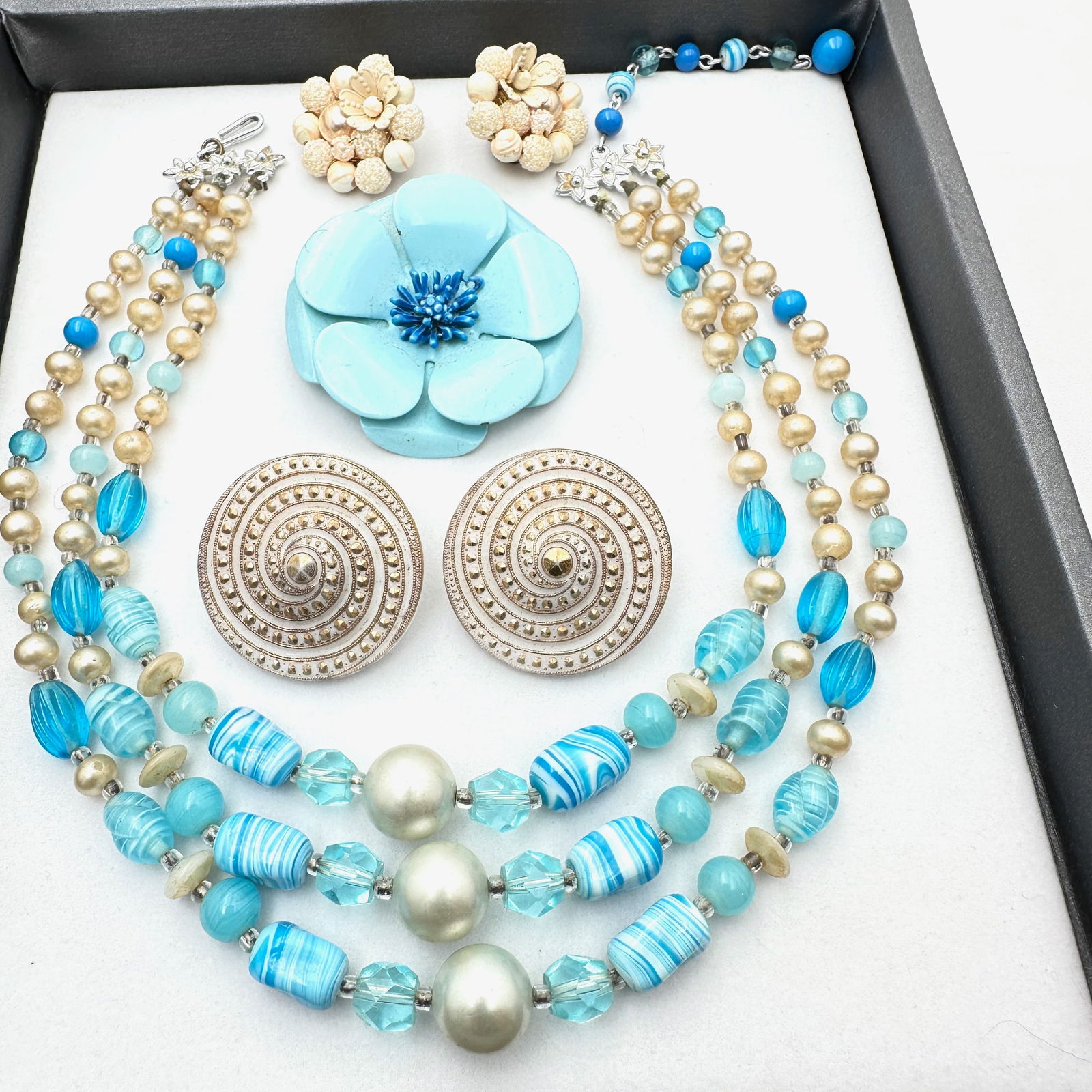 Vintage Jewelry Group Blue Art Glass Bead Multi Strand Necklace Retro Flower Brooch Clip Earrings (1 of 2)