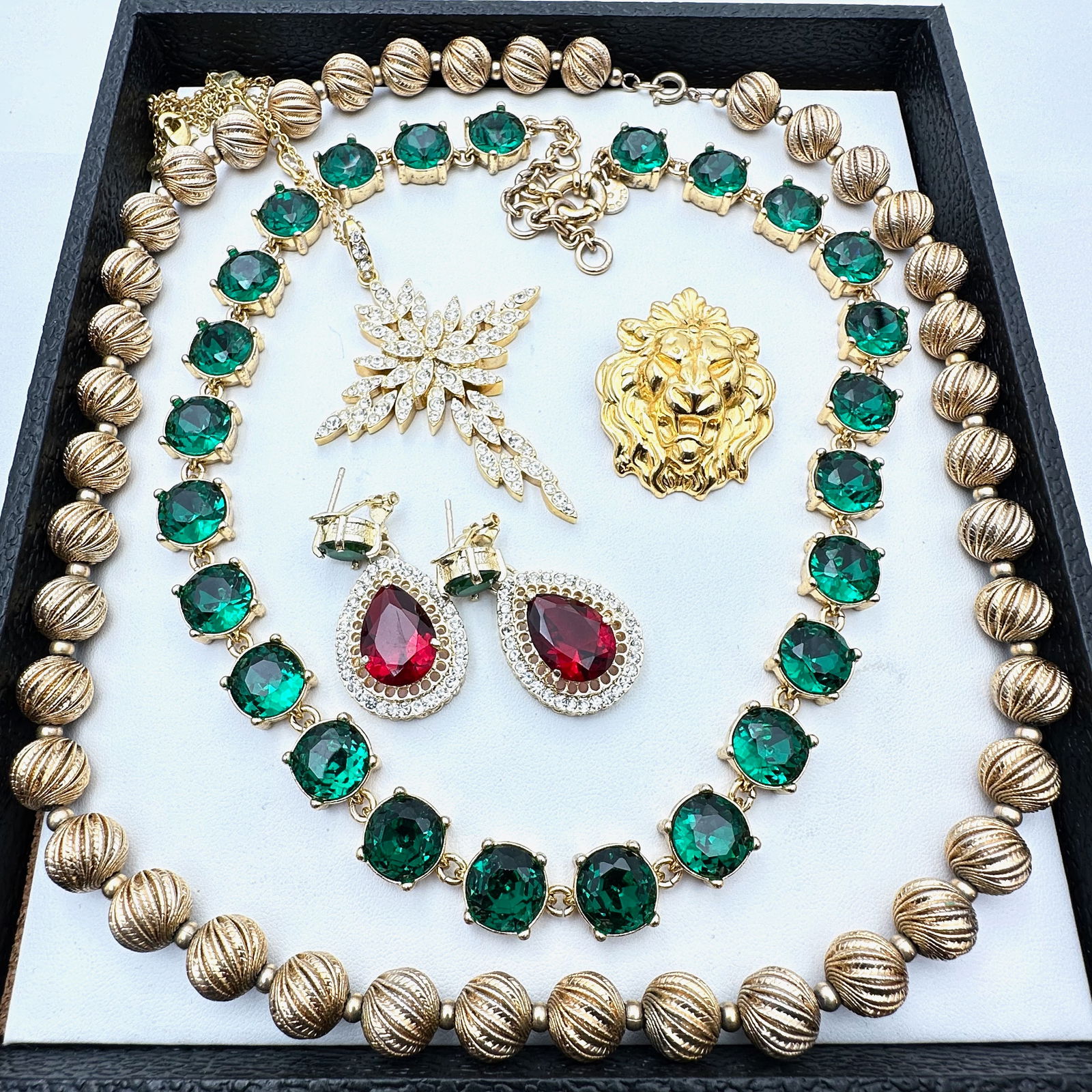 Vintage Jewelry Group Red Green Rhinestone Necklace Earrings Crystal Cross Pendant Lion Brooch (1 of 2)