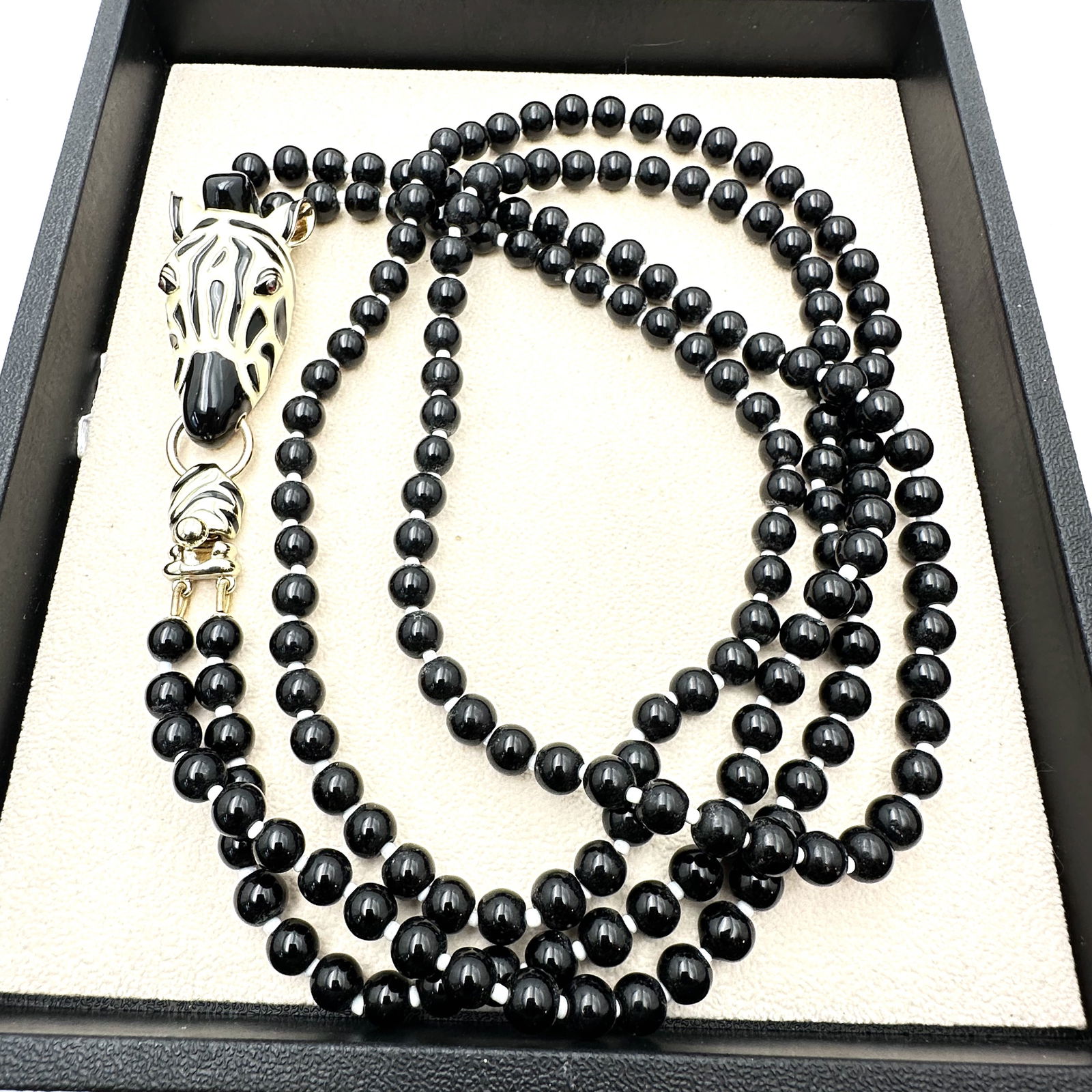 Vintage Enamel Black White Zebra Black Glass Bead Necklace 30 Inch: Vintage Enamel Black White Zebra Black Glass Bead Necklace 30 Inch
