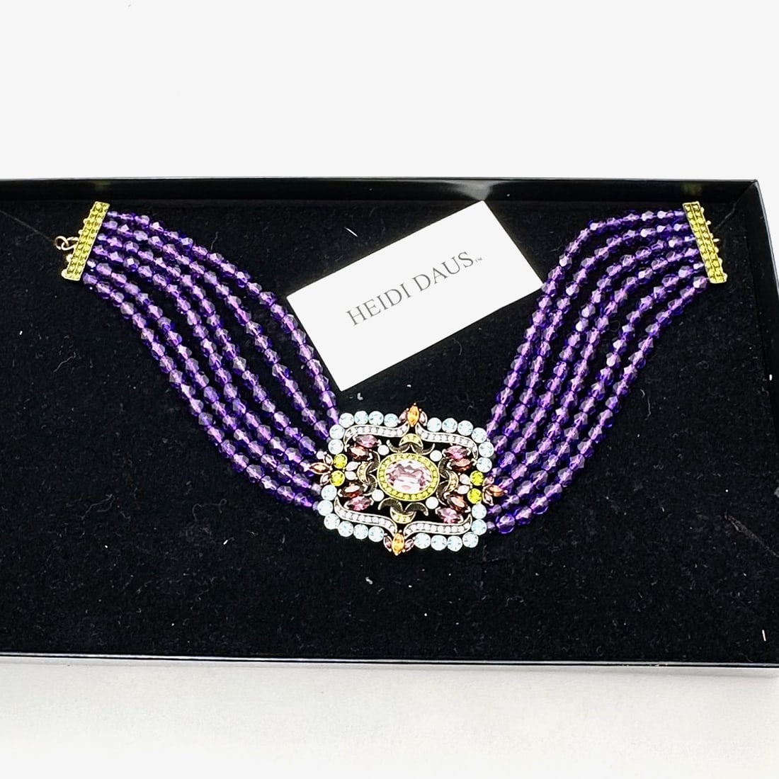 Heidi Daus Purple Crystal Multi Strand Choker Necklace Antiqued Gold Tone Original Box (1 of 2)