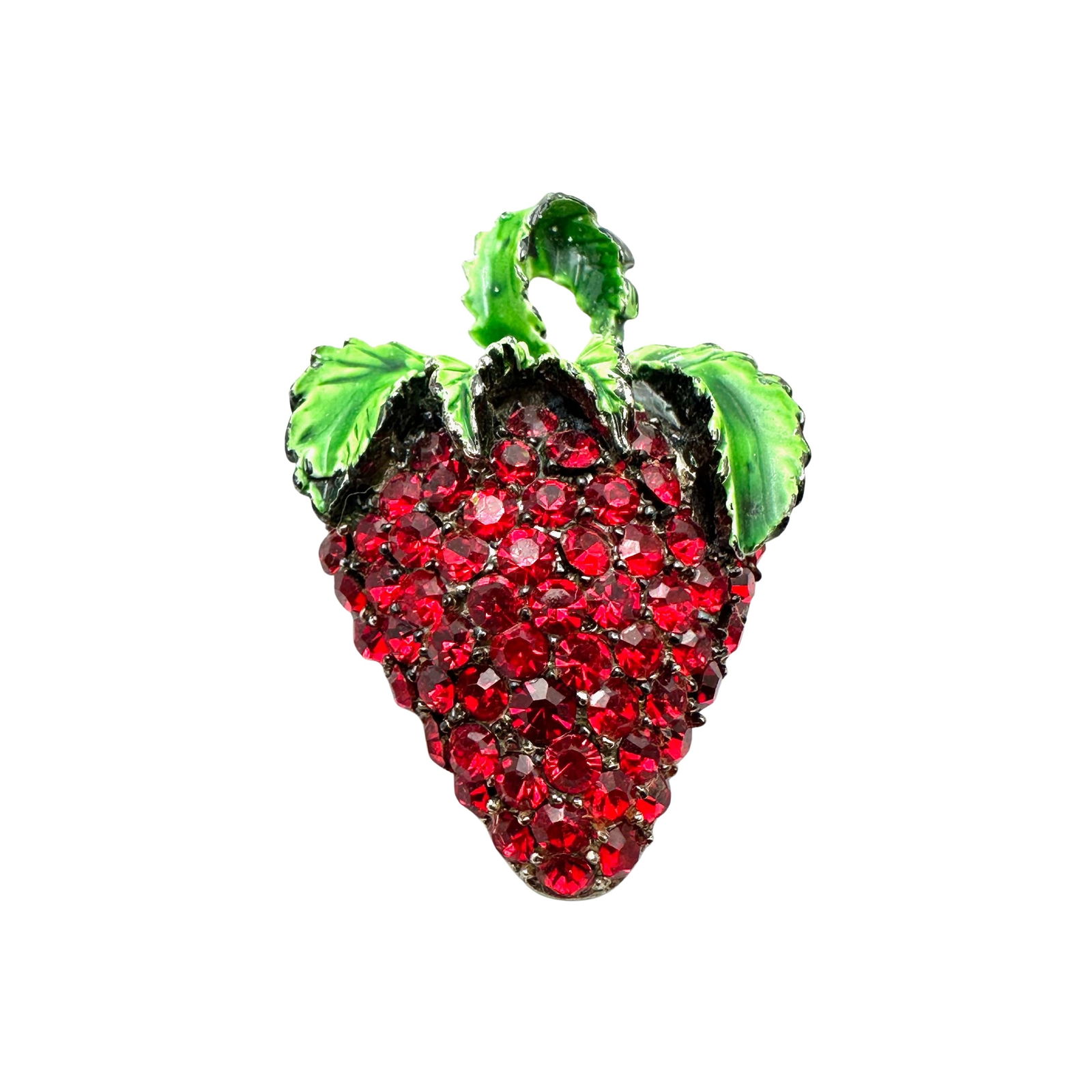 Vintage Pell Red Glass Rhinestone Green Enamel Strawberry Brooch Pin Silver Tone Japanned Metal 1.75 (1 of 2)