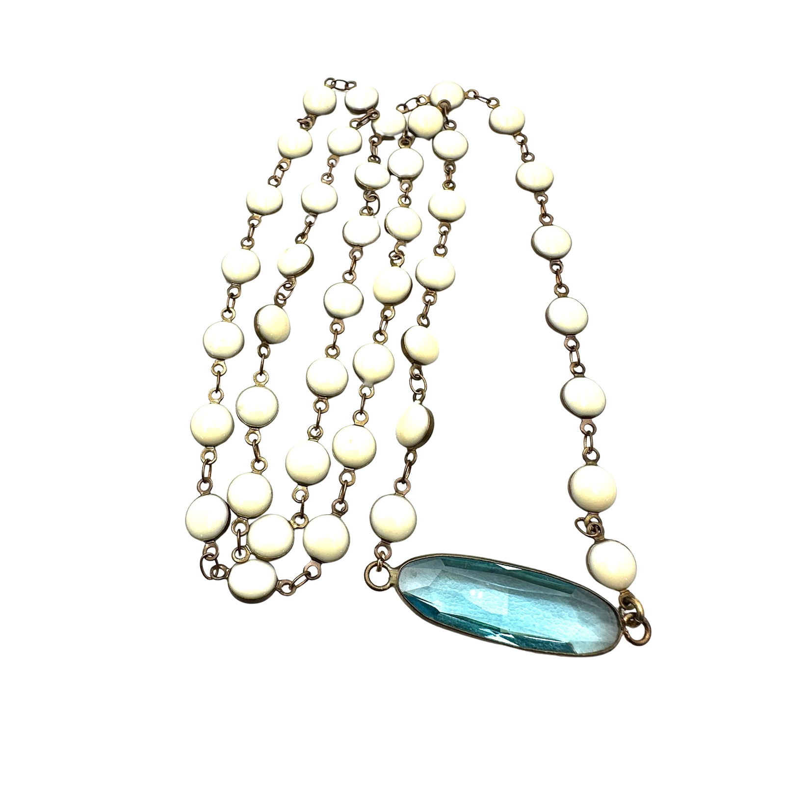 Antique Vintage Art Deco Blue Glass Pendant Off White Glass Bead Necklace 24 Inch: Antique Vintage Art Deco Blue Glass Pendant Off White Glass Bead Necklace 24 Inch