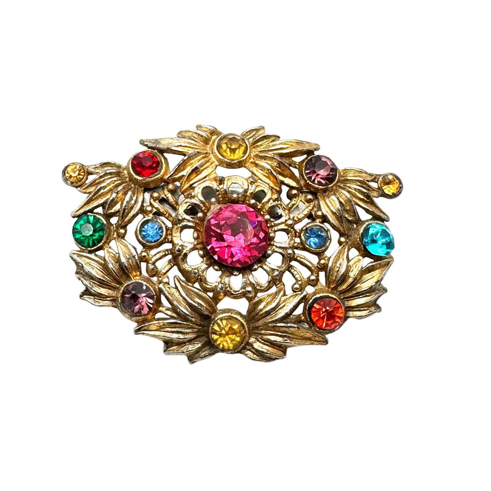 Vintage Multicolor Glass Rhinestone Gold Tone Pot metal Brooch Pin 2 Inch: Vintage Multicolor Glass Rhinestone Gold Tone Pot metal Brooch Pin 2 Inch