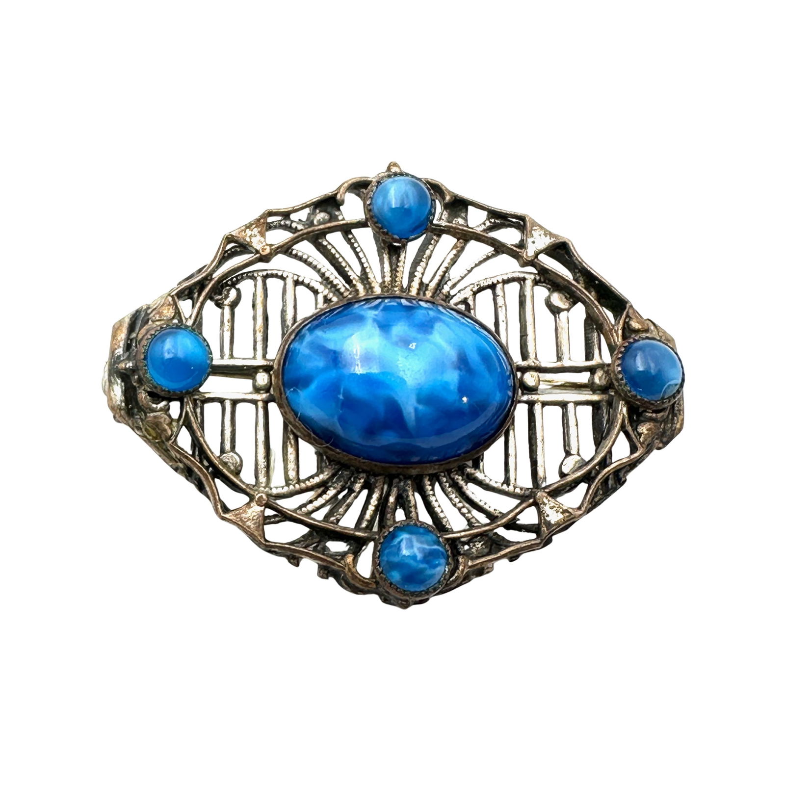 Antique Vintage Art Deco Blue Glass Stone Silver Tone Brooch Pin 1.75 Inch (1 of 2)
