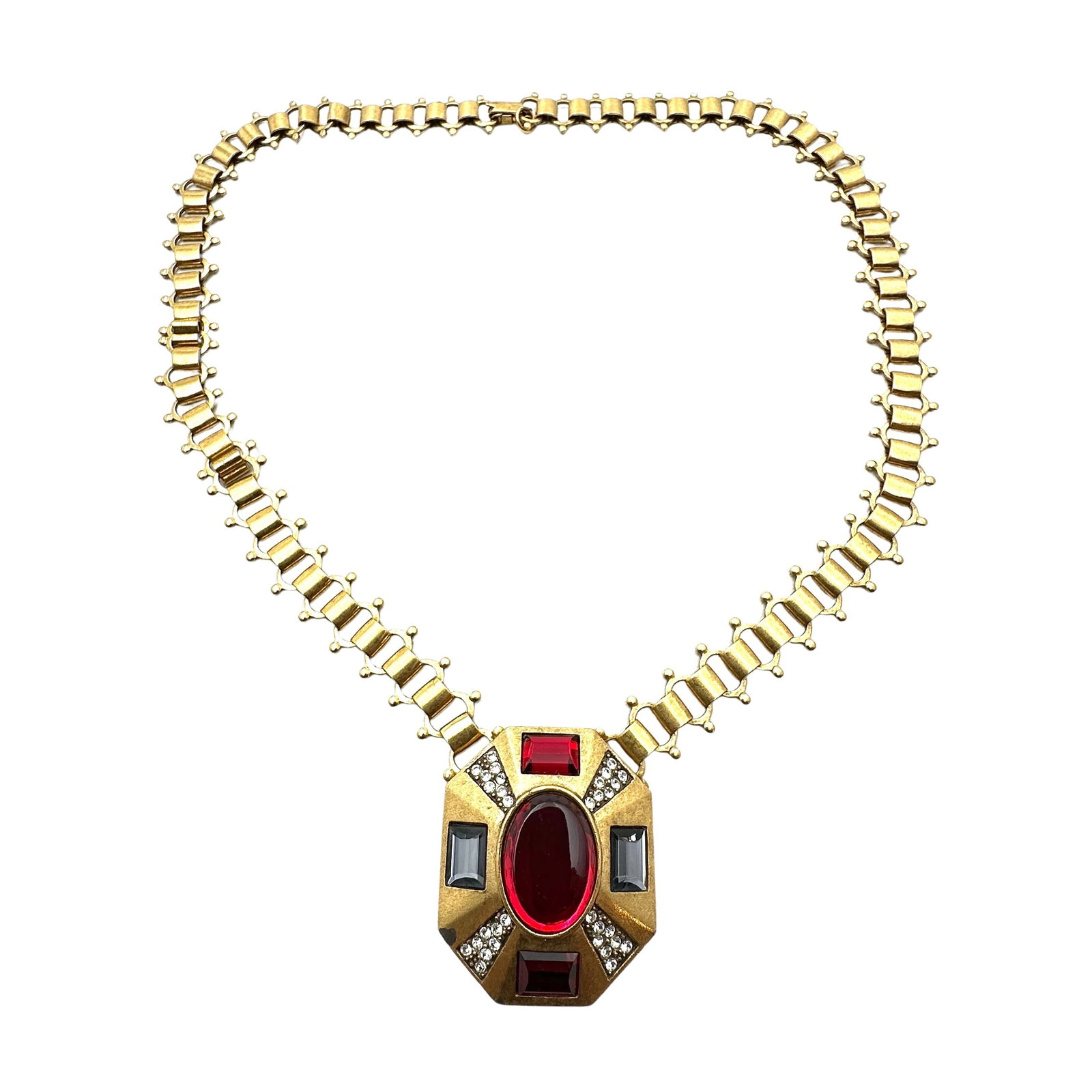 Vintage Red Grey Glass Rhinestone Gold Tone Book Chain Necklace 18 Inch: Vintage Red Grey Glass Rhinestone Gold Tone Book Chain Necklace 18 Inch