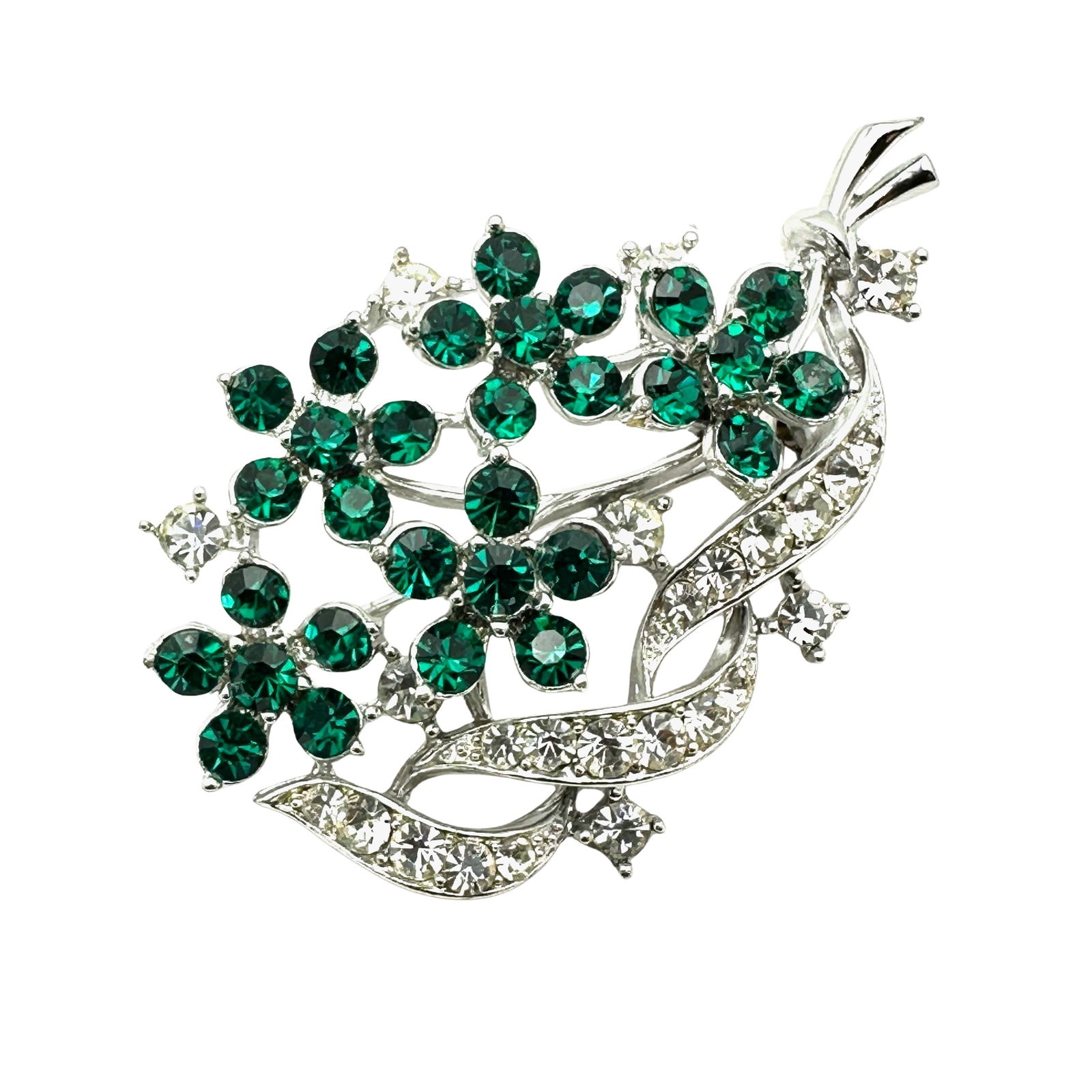 Vintage Lisner Emerald Green Glass Rhinestone Silver Tone Brooch Pin 2.5 Inch (1 of 2)