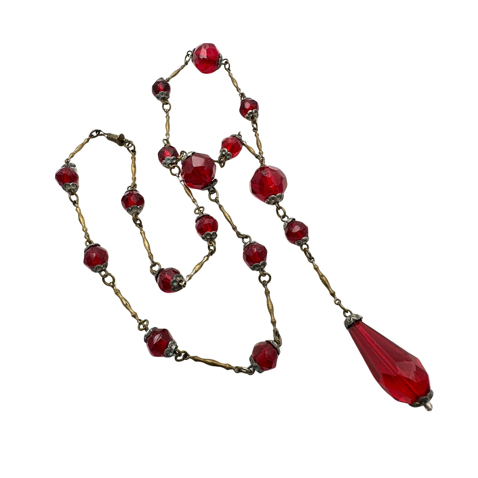 Antique Vintage Art Deco Red Czech Glass Necklace 20 Inch Antiqued Gold Tone Metal: Antique Vintage Art Deco Red Czech Glass Necklace 20 Inch Antiqued Gold Tone Metal