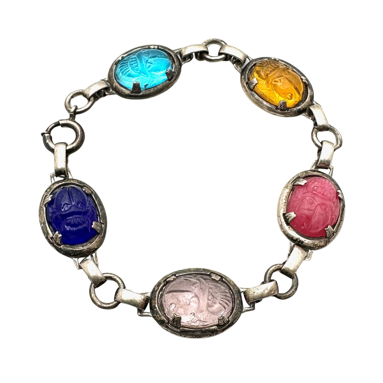 Vintage Multicolor Glass Scarab Stone Silver Tone Bracelet 7 Inch (1 of 2)