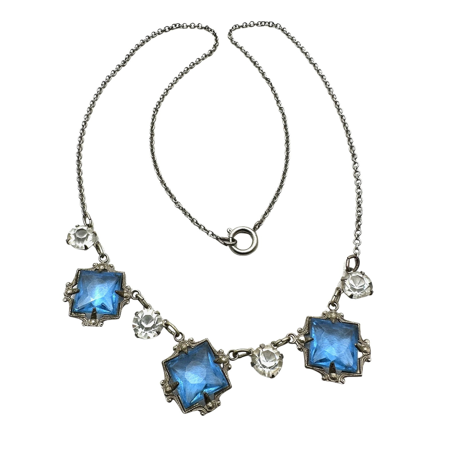 Antique Vintage Art Deco Blue Czech Glass Stone Silver Tone Necklace 18 Inch: Antique Vintage Art Deco Blue Czech Glass Stone Silver Tone Necklace 18 Inch