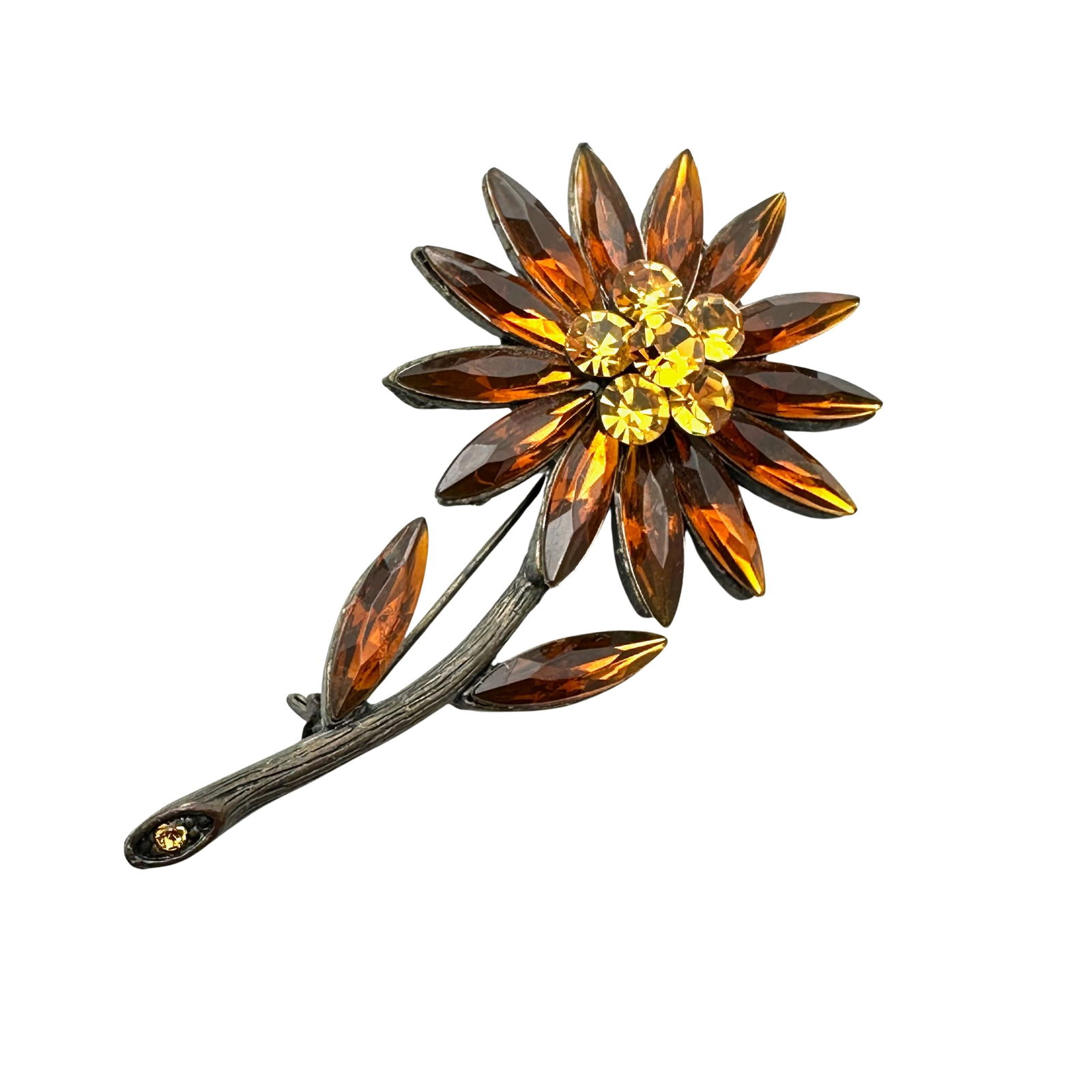 Vintage Amber Colored Glass Rhinestone Antiqued Gold Tone Flower Brooch Pin 2.5 Inch: Vintage Amber Colored Glass Rhinestone Antiqued Gold Tone Flower Brooch Pin 2.5 Inch