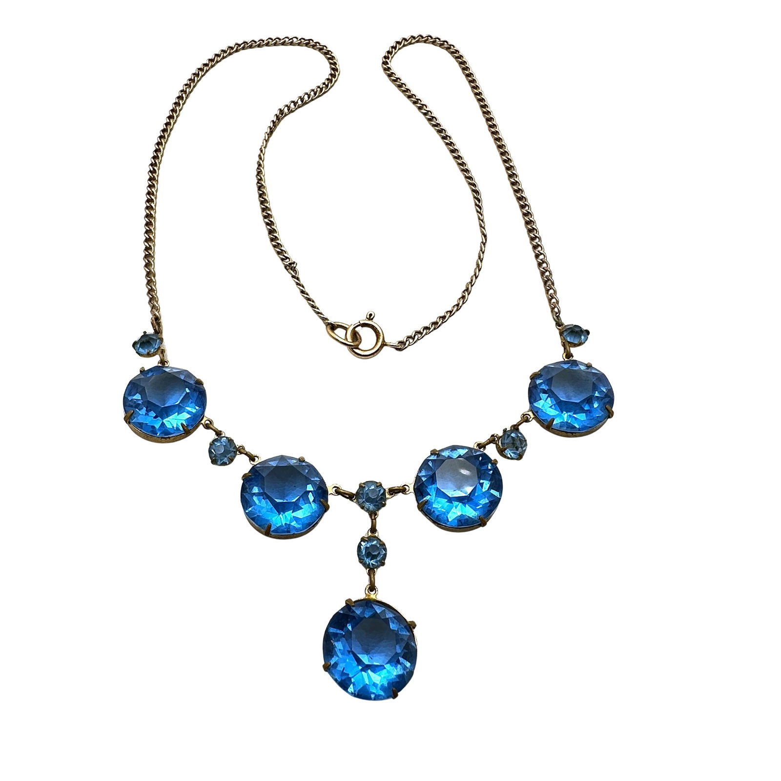Antique Vintage Art Deco Blue Czech Glass Stone Gold Tone Necklace 16 Inch: Antique Vintage Art Deco Blue Czech Glass Stone Gold Tone Necklace 16 Inch