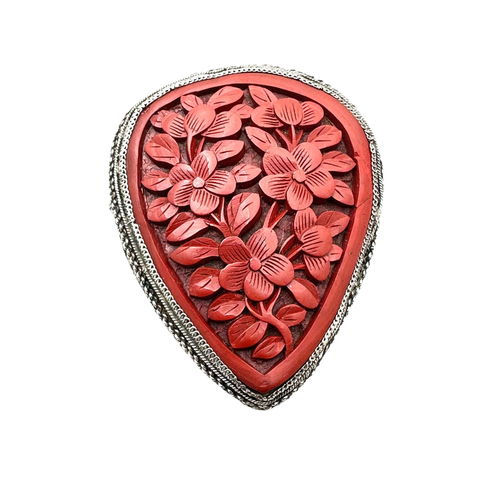 Vintage Red Carved Cinnabar Sterling Silver Brooch Pin 2 Inch: Vintage Red Carved Cinnabar Sterling Silver Brooch Pin 2 Inch
