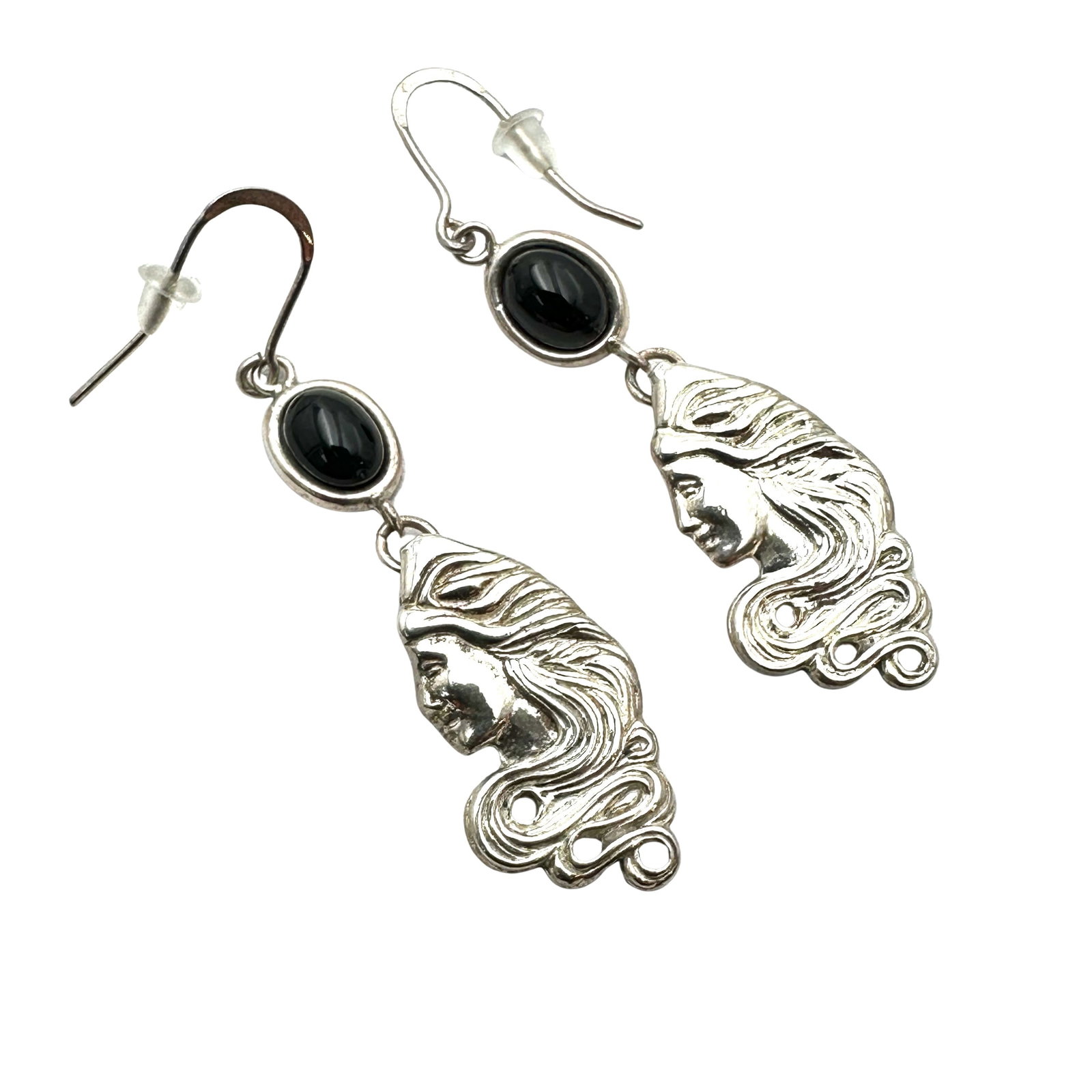 Sterling Silver Black Onyx Pierced Earrings Art Nouveau Lady Design 2 Inch Length: Sterling Silver Black Onyx Pierced Earrings Art Nouveau Lady Design 2 Inch Length