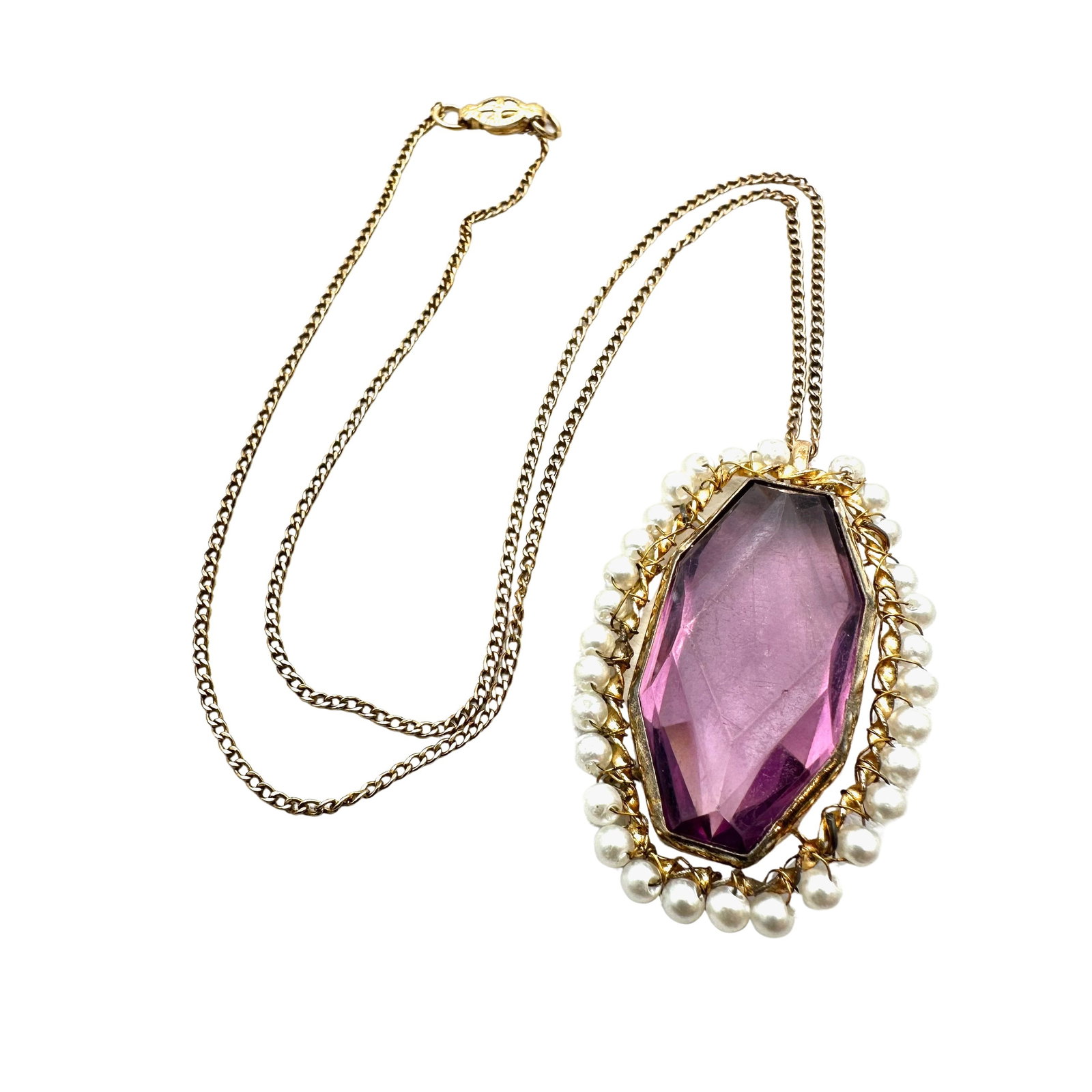 Antique Art Deco Purple Glass Faux Pearl Gold Filled Pendant Necklace 16 Inch Chain 1.75 Inch: Antique Art Deco Purple Glass Faux Pearl Gold Filled Pendant Necklace 16 Inch Chain 1.75 Inch Pendant