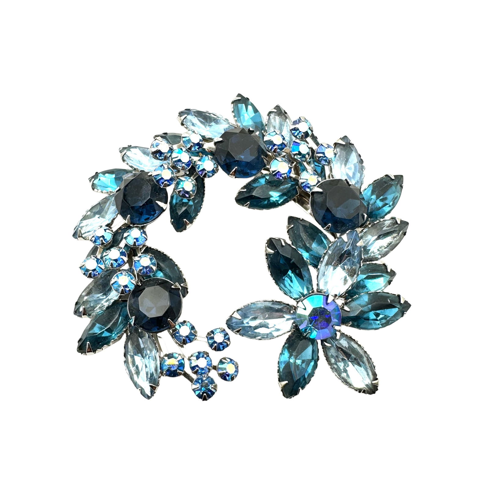 Vintage High End Blue Glass Rhinestone Silver Tone Brooch Pin 3 Inch Large Size (1 of 2)