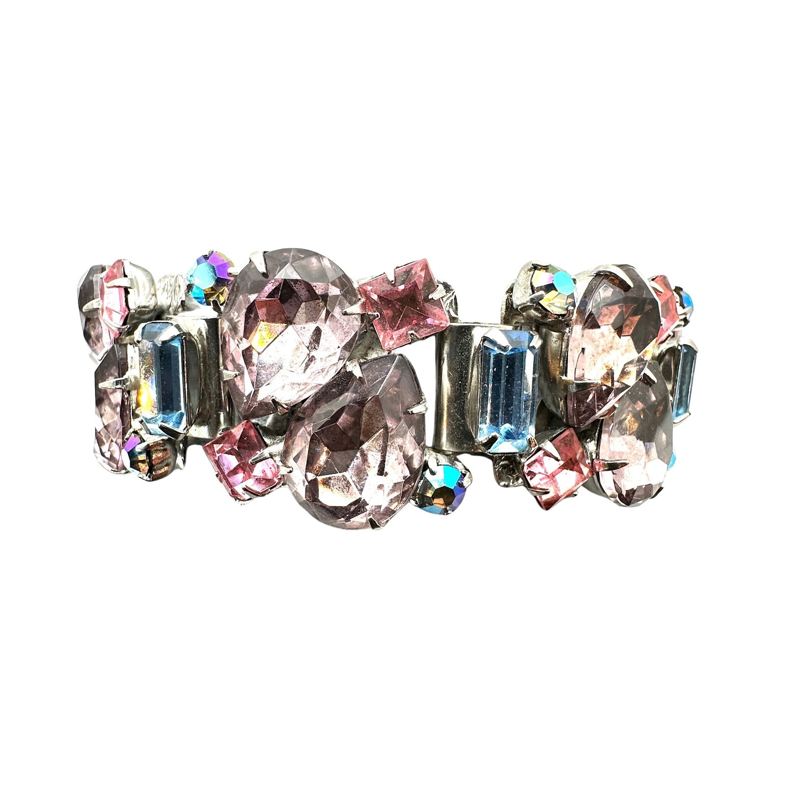 Vintage High End Purple Pink Blue Glass Rhinestone Silver Tone Bracelet 7 Inch Safety Chain (1 of 5)