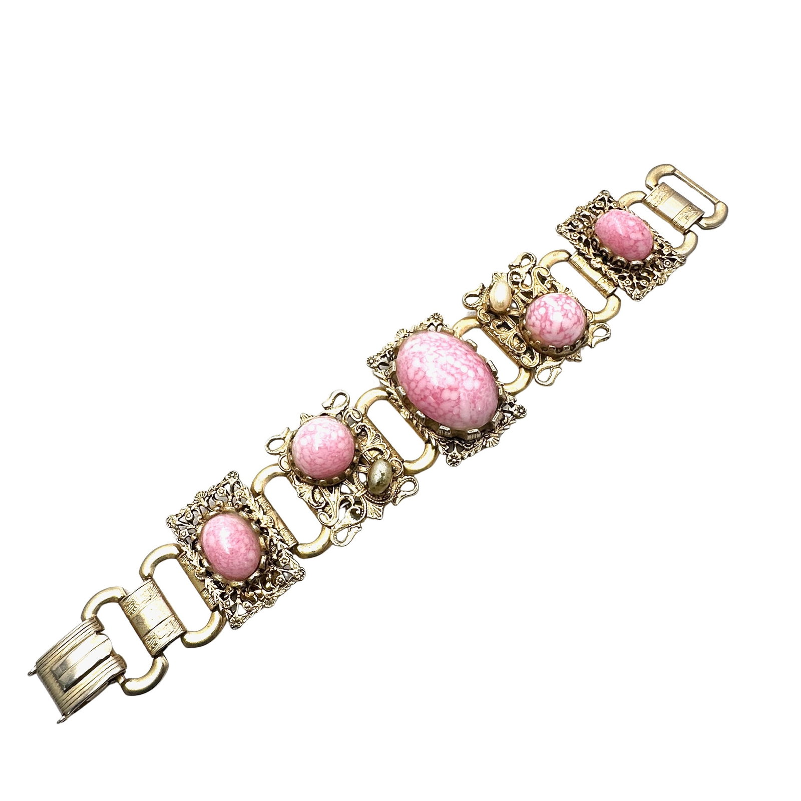 Vintage Pink Speckled Czech Glass Gold Tone Book Chain Filigree Bracelet 7 Inch: Vintage Pink Speckled Czech Glass Gold Tone Book Chain Filigree Bracelet 7 Inch