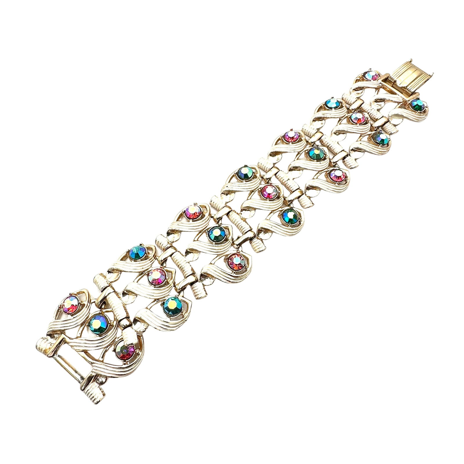 Vintage Arthur Pepper ART Aurora Borealis Rhinestone Enamel Gold Tone Bracelet 7 Inch: Vintage Arthur Pepper ART Aurora Borealis Rhinestone Enamel Gold Tone Bracelet 7 Inch