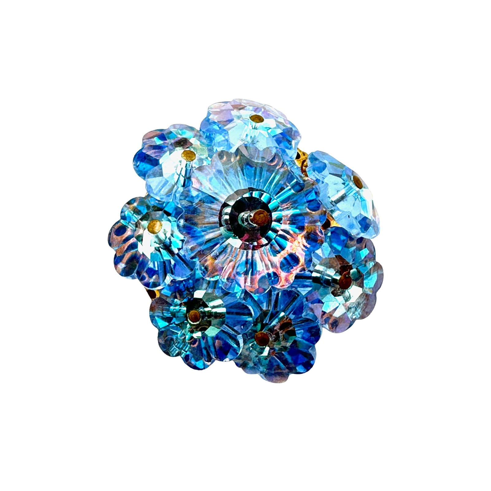 Vintage Blue Rivoli Glass Flower Shape Stones Gold Tone Brooch Pin 1.5 Inch: Vintage Blue Rivoli Glass Flower Shape Stones Gold Tone Brooch Pin 1.5 Inch