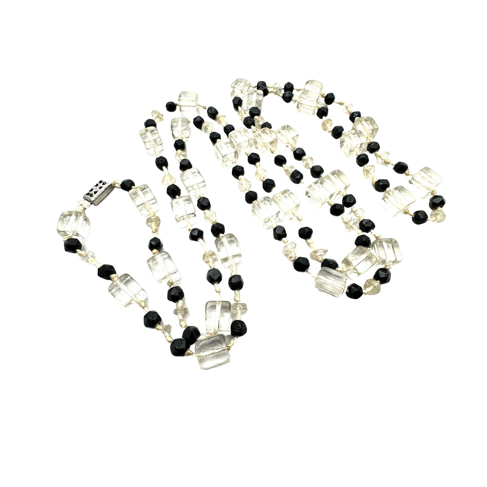 Antique Art Deco Flapper Black Clear Glass Hand Knotted Czech Glass Bead Necklace 36 Inch (1 of 2)