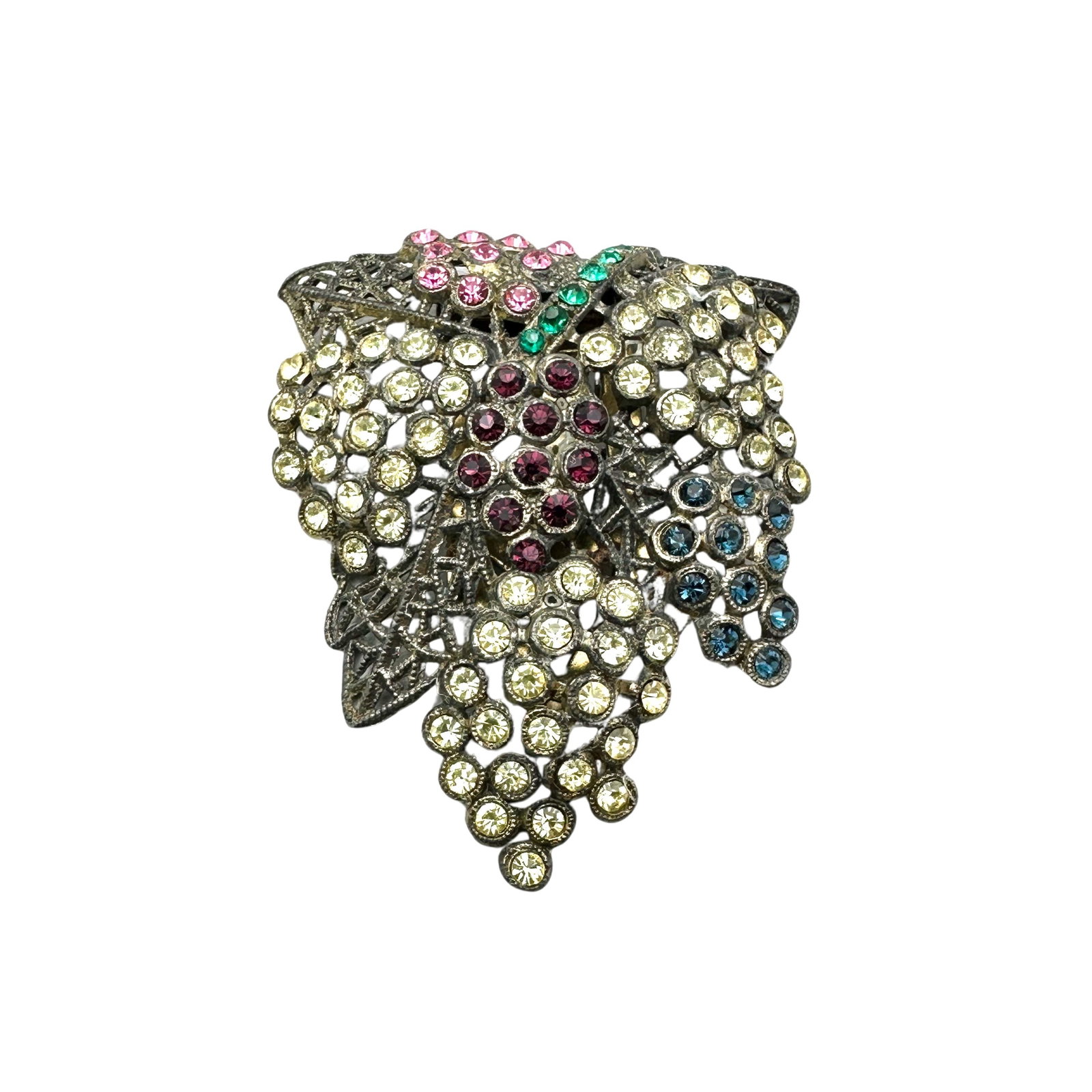 Antique 1940s Era Multicolor Glass Rhinestone Silver Pot Metal Fur Dress Clip: Antique 1940s Era Multicolor Glass Rhinestone Silver Pot Metal Fur Dress Clip