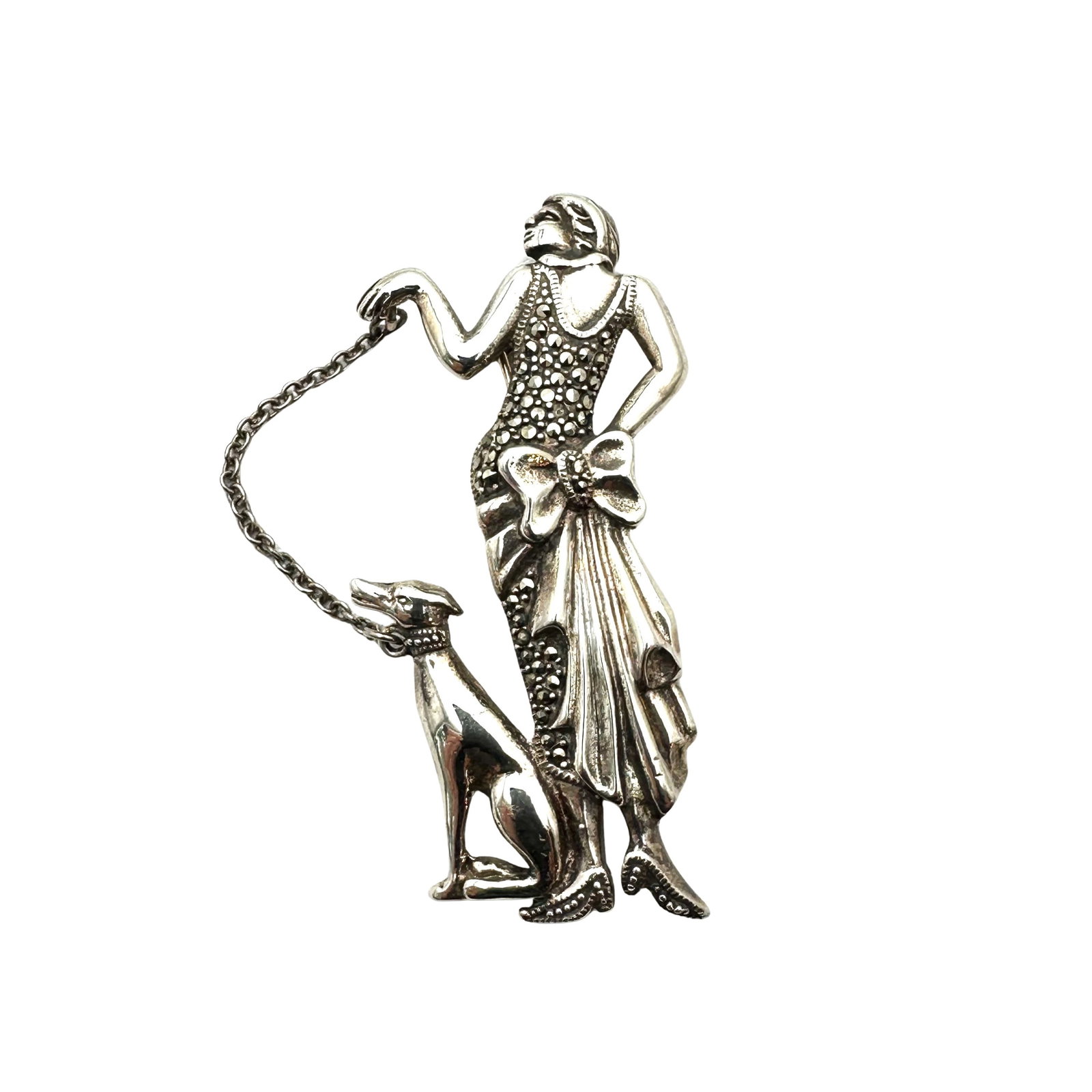 Vintage Marcasite Sterling Silver Lady with Dog Brooch Pin 2.5 Inch Weight 15 Grams: Vintage Marcasite Sterling Silver Lady with Dog Brooch Pin 2.5 Inch Weight 15 Grams