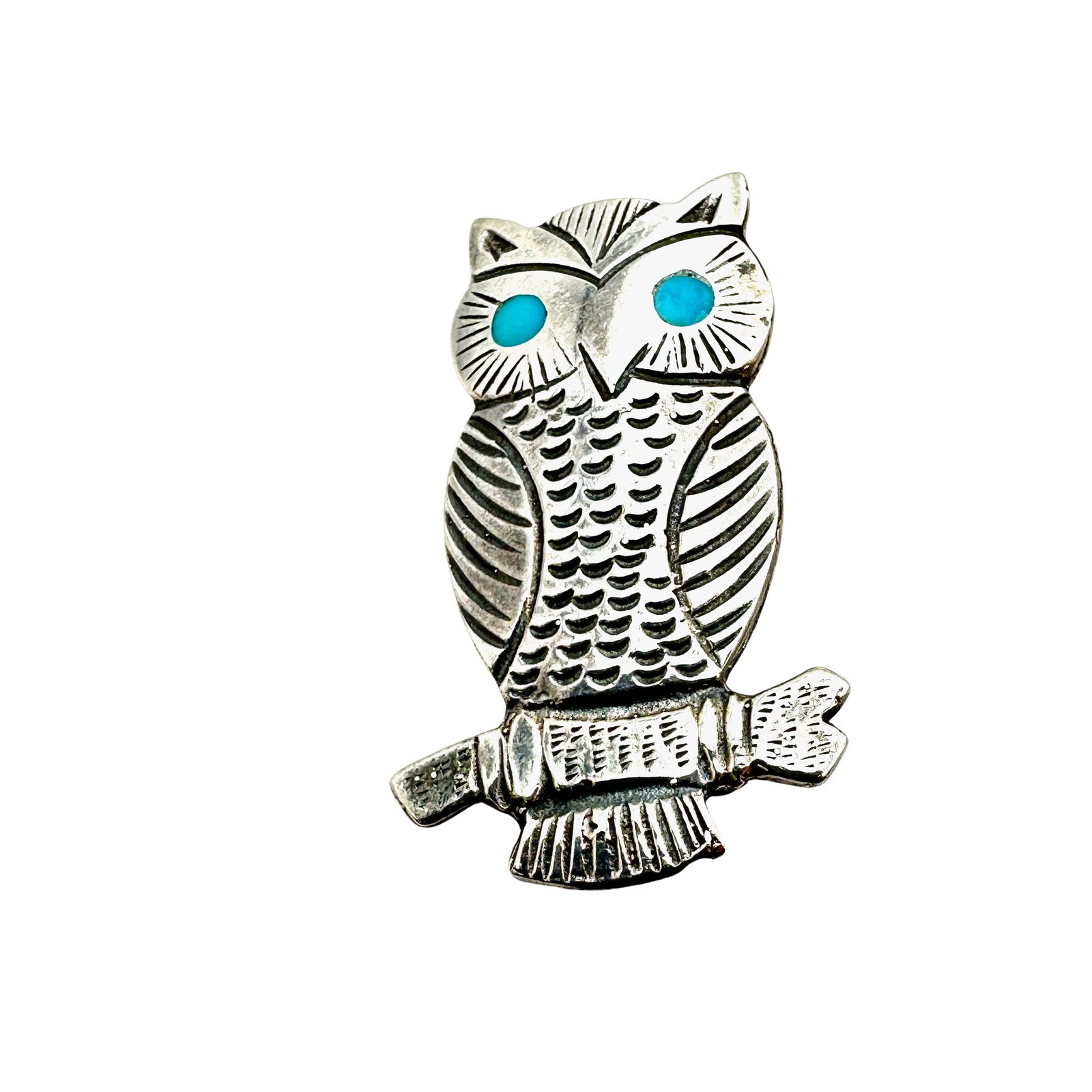 American Southwest Turquoise Sterling Silver Owl Brooch Pin 1.5 Inch Weight 10 Grams (1 of 2)