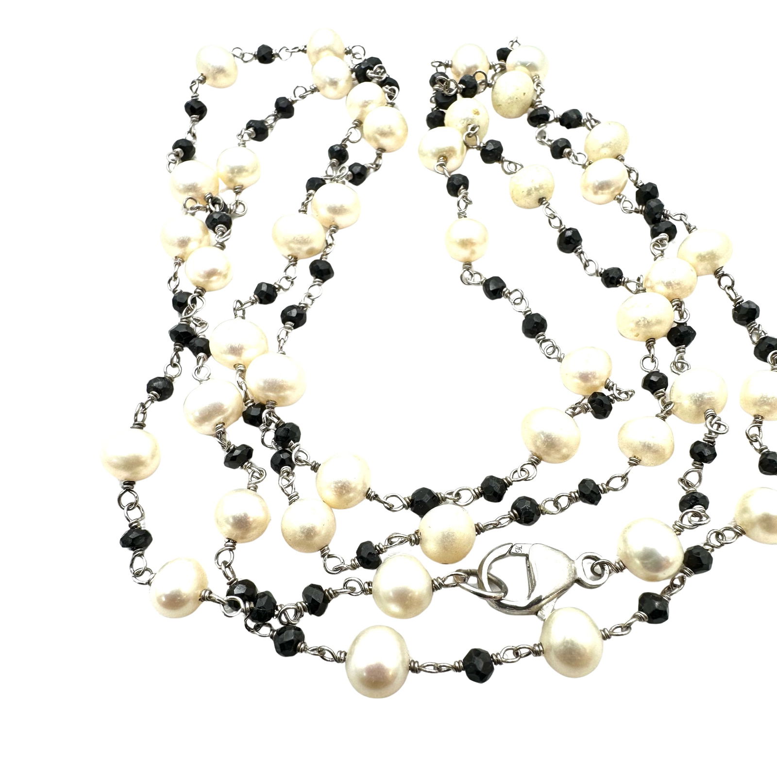 Black Spinel Freshwater Pearl Sterling Silver Necklace 32 Inch Strand: Black Spinel Freshwater Pearl Sterling Silver Necklace 32 Inch Strand