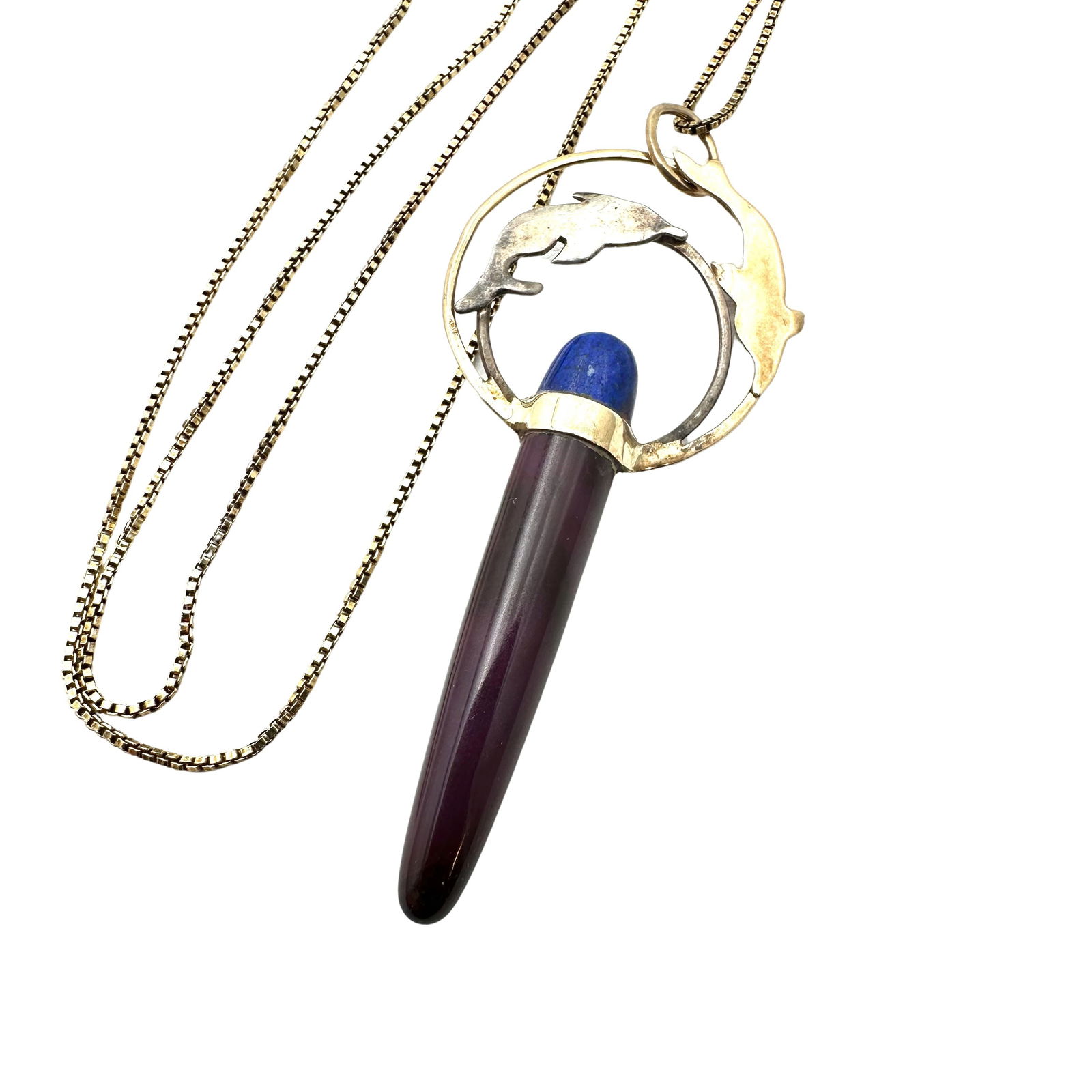Sterling Silver 14K Gold Blue Purple Gemstone 2.5 Inch Pendant Necklace 18 Inch 925 Chain (1 of 2)