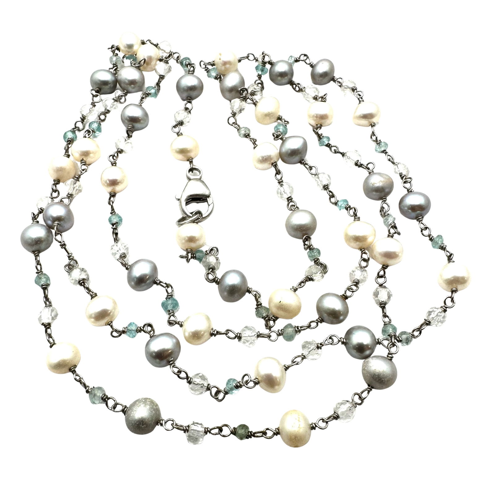 Blue Topaz Freshwater Pearl Sterling Silver Necklace 32 Inch Length: Blue Topaz Freshwater Pearl Sterling Silver Necklace 32 Inch Length