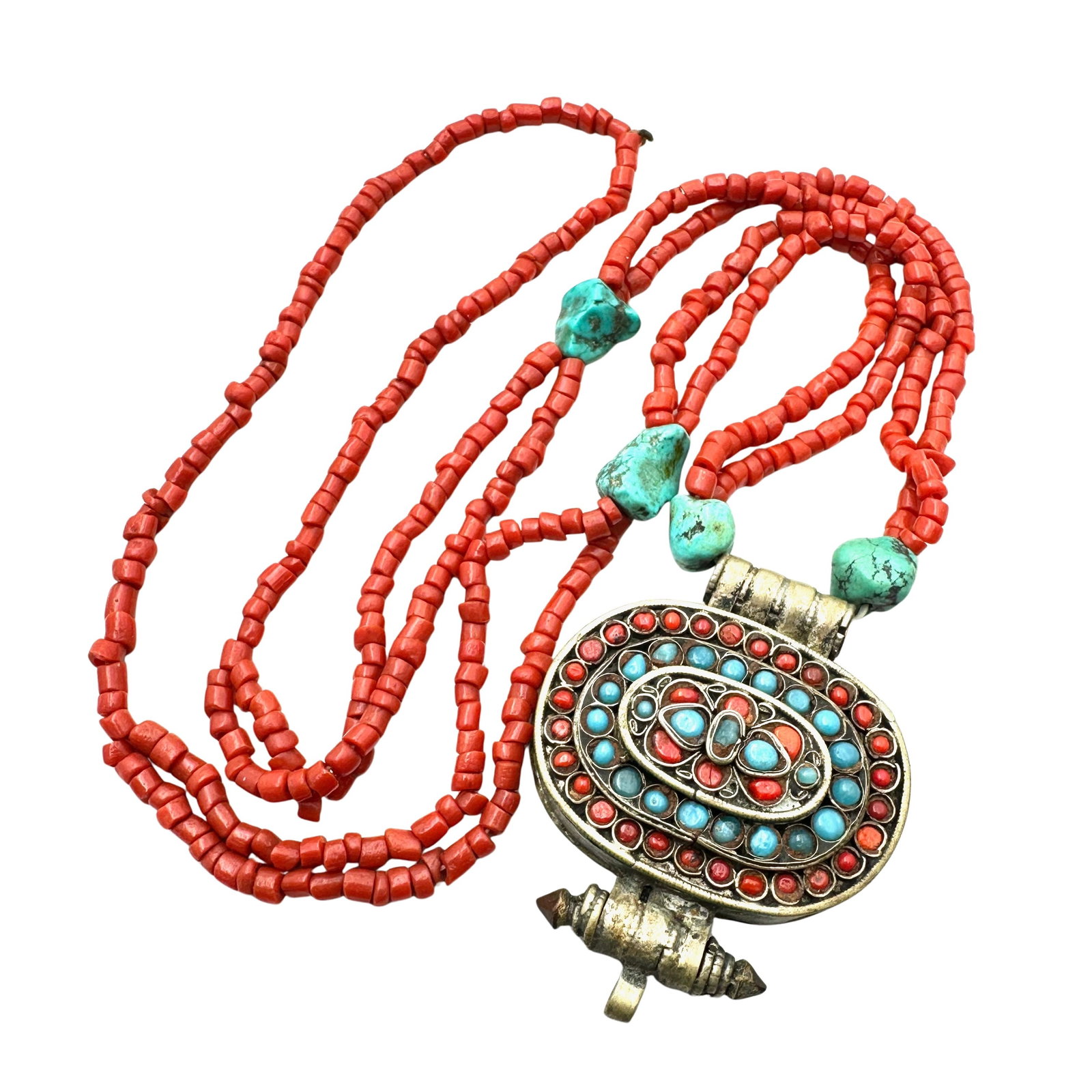 Vintage Ethnic Necklace Red Coral Turquoise Silver tone 24 Inch: Vintage Ethnic Necklace Red Coral Turquoise Silver tone 24 Inch