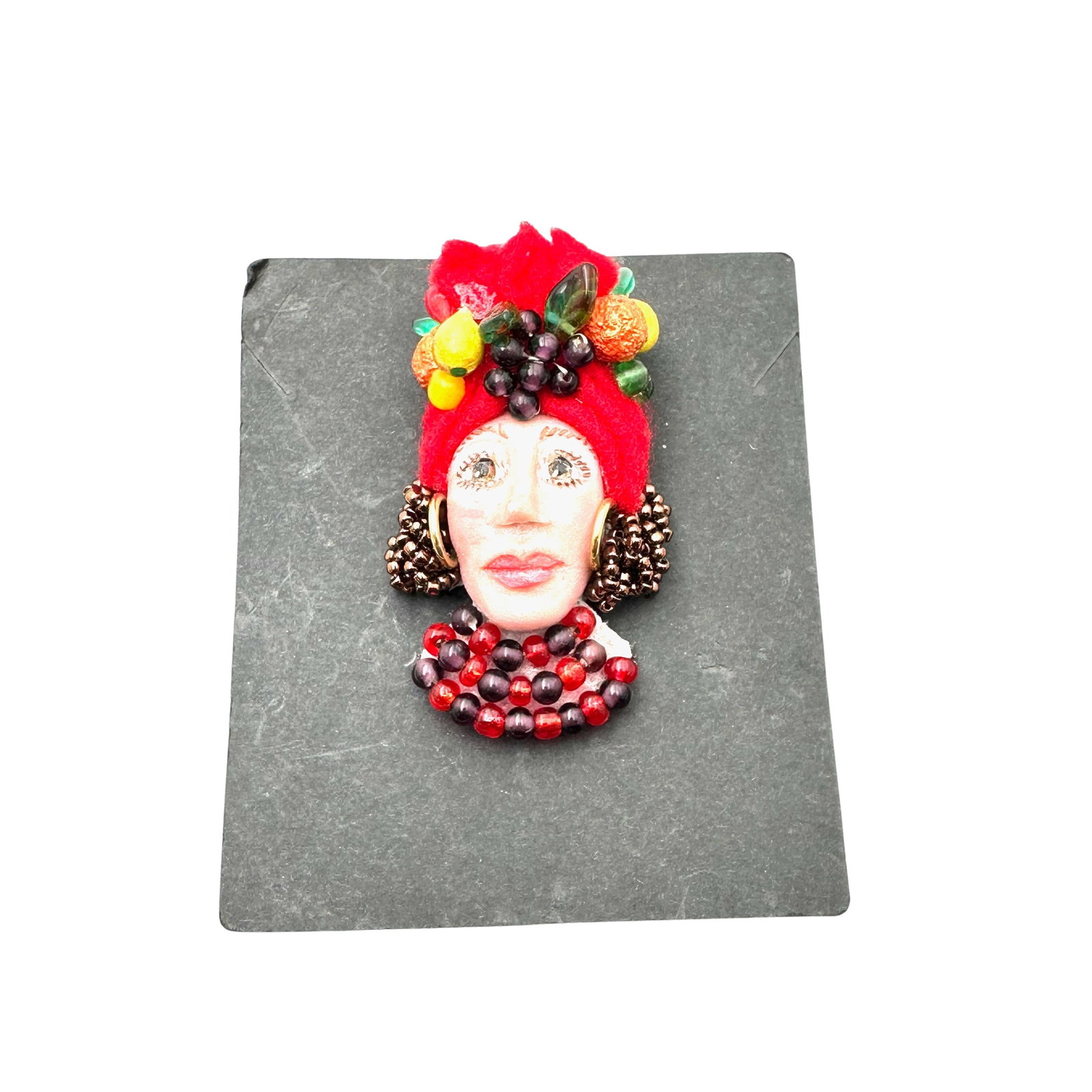 Vintage Artisan Hand Made Lady with Fruit Hat Brooch Pin: Vintage Artisan Hand Made Lady with Fruit Hat Brooch Pin