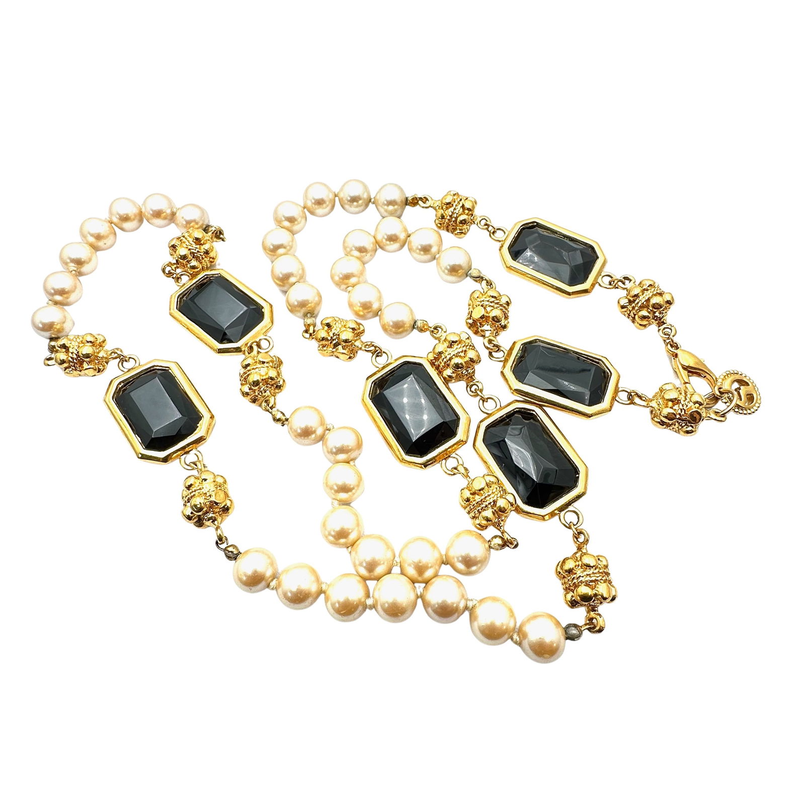 Vintage St. John Dark Blue Glass Rhinestone Faux Pearl Gold Tone 36 Inch Necklace Heavy Quality Made (1 of 2)