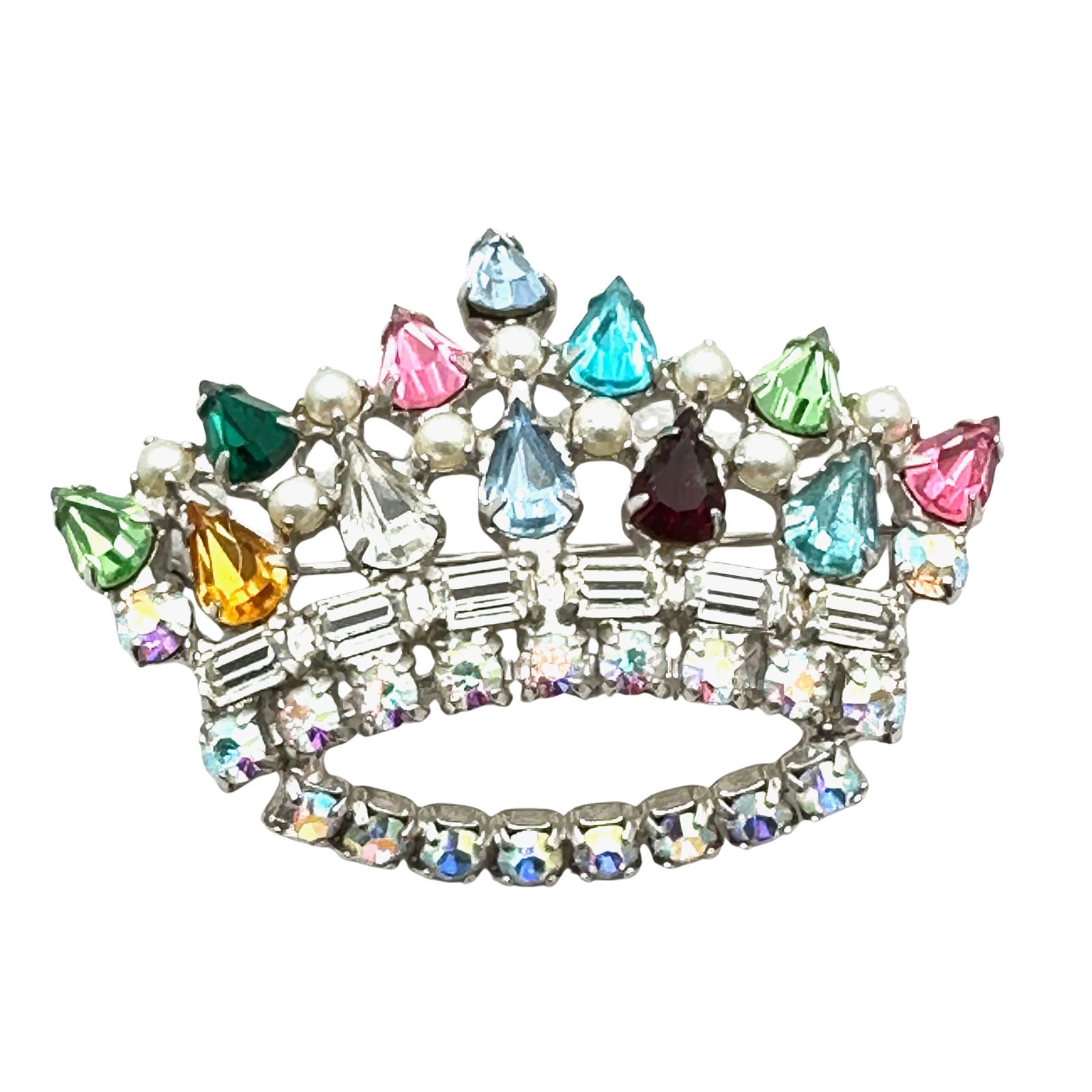 Vintage B David Multicolor Aurora Borealis Glass Rhinestone Silver Tone Crown Brooch Pin 1.75 Inch (1 of 2)