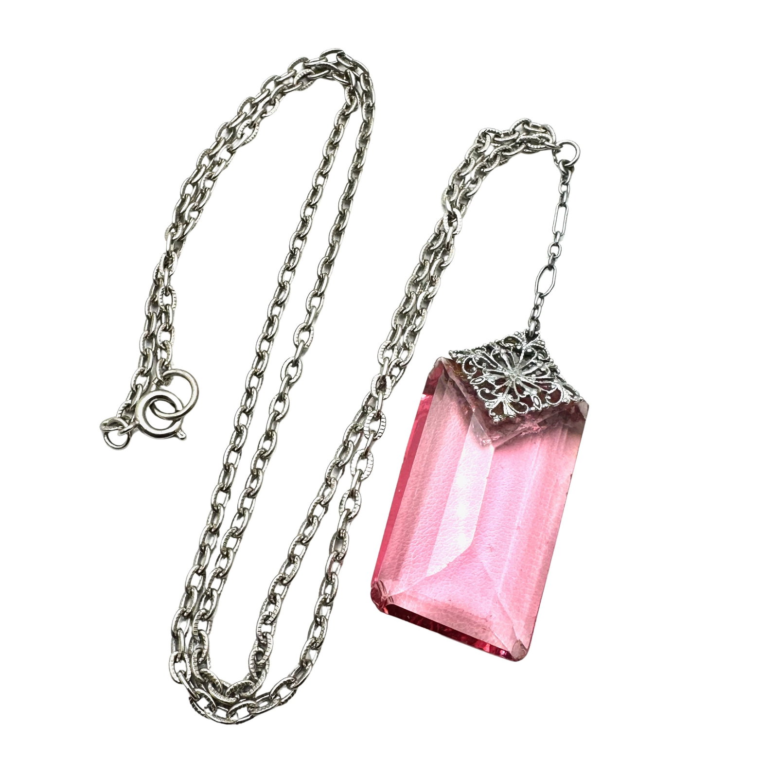 Antique Art Deco Pink Czech Glass Pendant Sterling Silver Filigree Necklace 20 Inch Chain: Antique Art Deco Pink Czech Glass Pendant Sterling Silver Filigree Necklace 20 Inch Chain