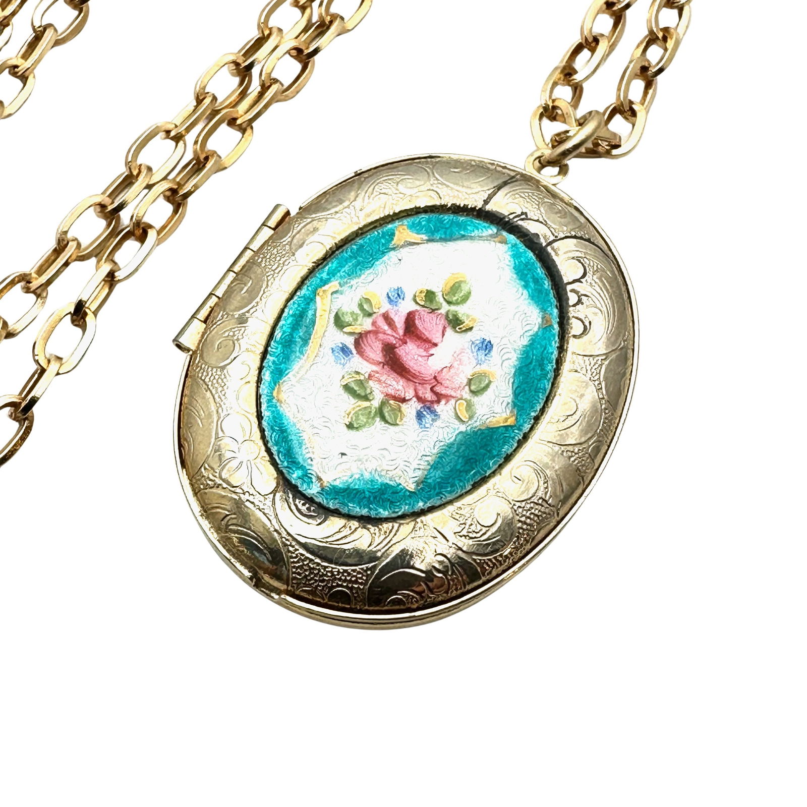 Vintage Guilloche Enamel Rose Gold Tone Locket Pendant Necklace 24 Inch: Vintage Guilloche Enamel Rose Gold Tone Locket Pendant Necklace 24 Inch