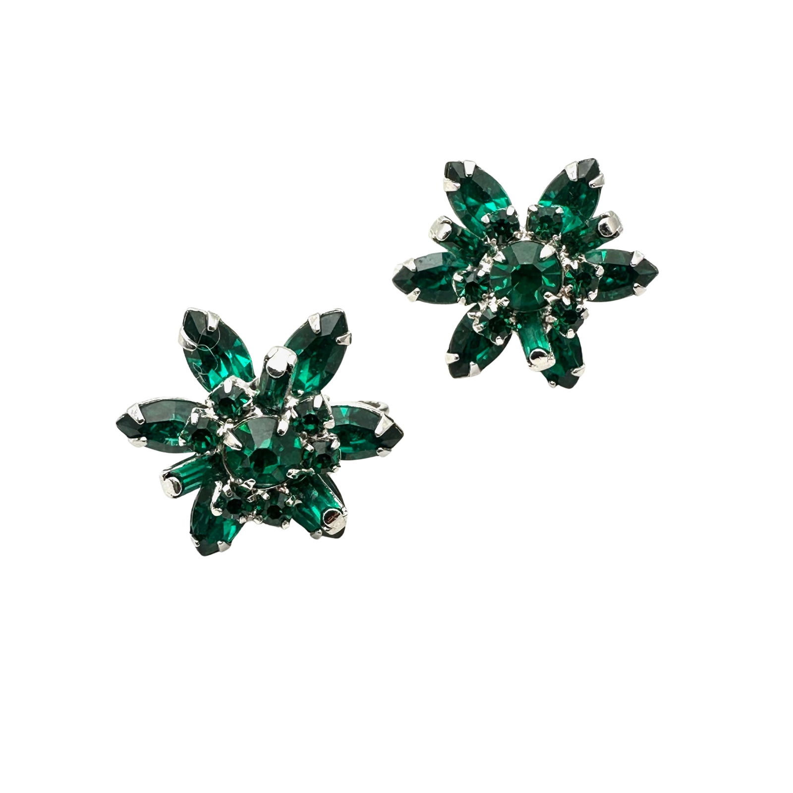 Vintage Emerald Green Glass Rhinestone Silver Tone Clip Earrings Pristine Condition: Vintage Emerald Green Glass Rhinestone Silver Tone Clip Earrings Pristine Condition
